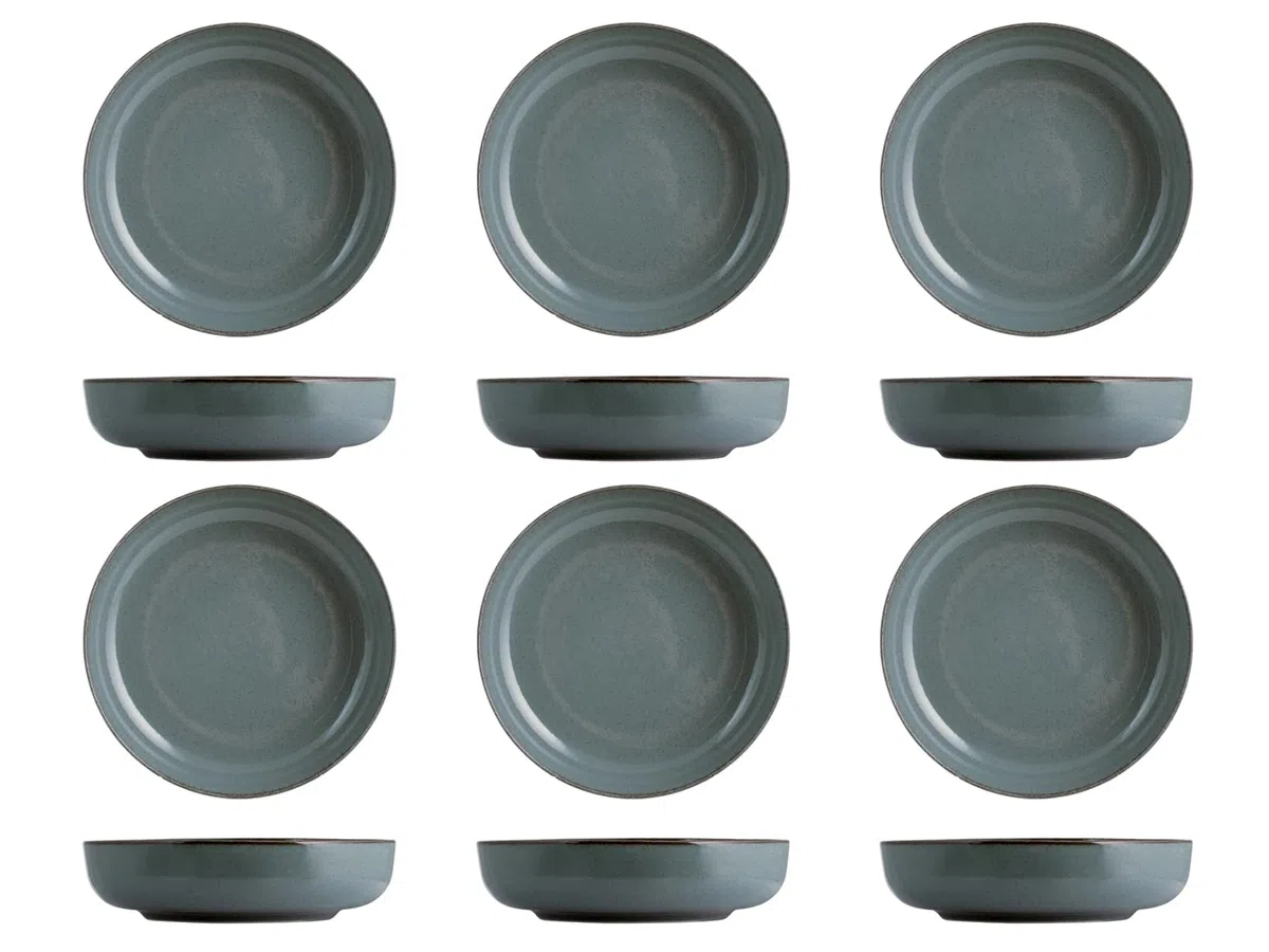H&H Set 6 Piatti Fondi Pearl – Ø19 cm – Piatti in Porcellana Azzurri Eleganti e Resistenti – Ideali per Zuppe, Minestre e Primi Piatti – Lavabili in Lavastoviglie e Microonde