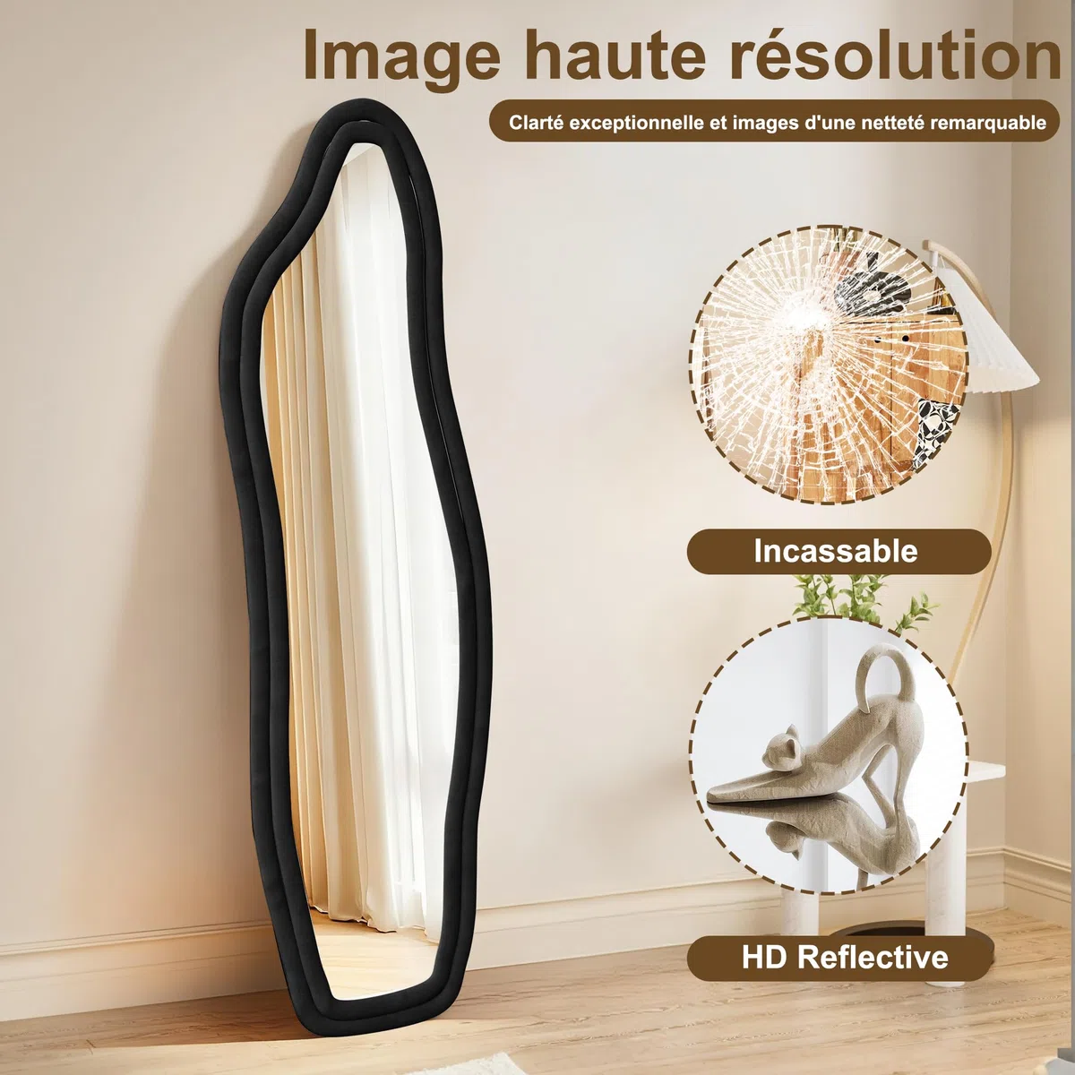 Specchio su irregolare,160x50cm,specchio a piena lunghezza,grande specchio da parete con cornice in velluto nero e supporto,da appendere,in piedi,inclinabile per camera da letto, soggiorno, ingresso