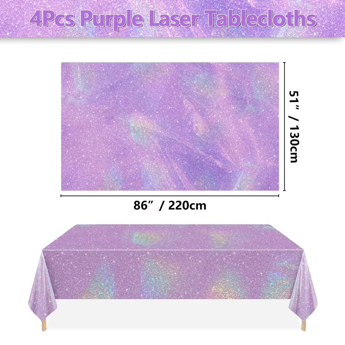 4 pezzi copritavolo laser viola, tovaglia viola rettangolare lucida per decorazioni di festa iridescenti Forniture per feste nuziali, 130 x 220 cm