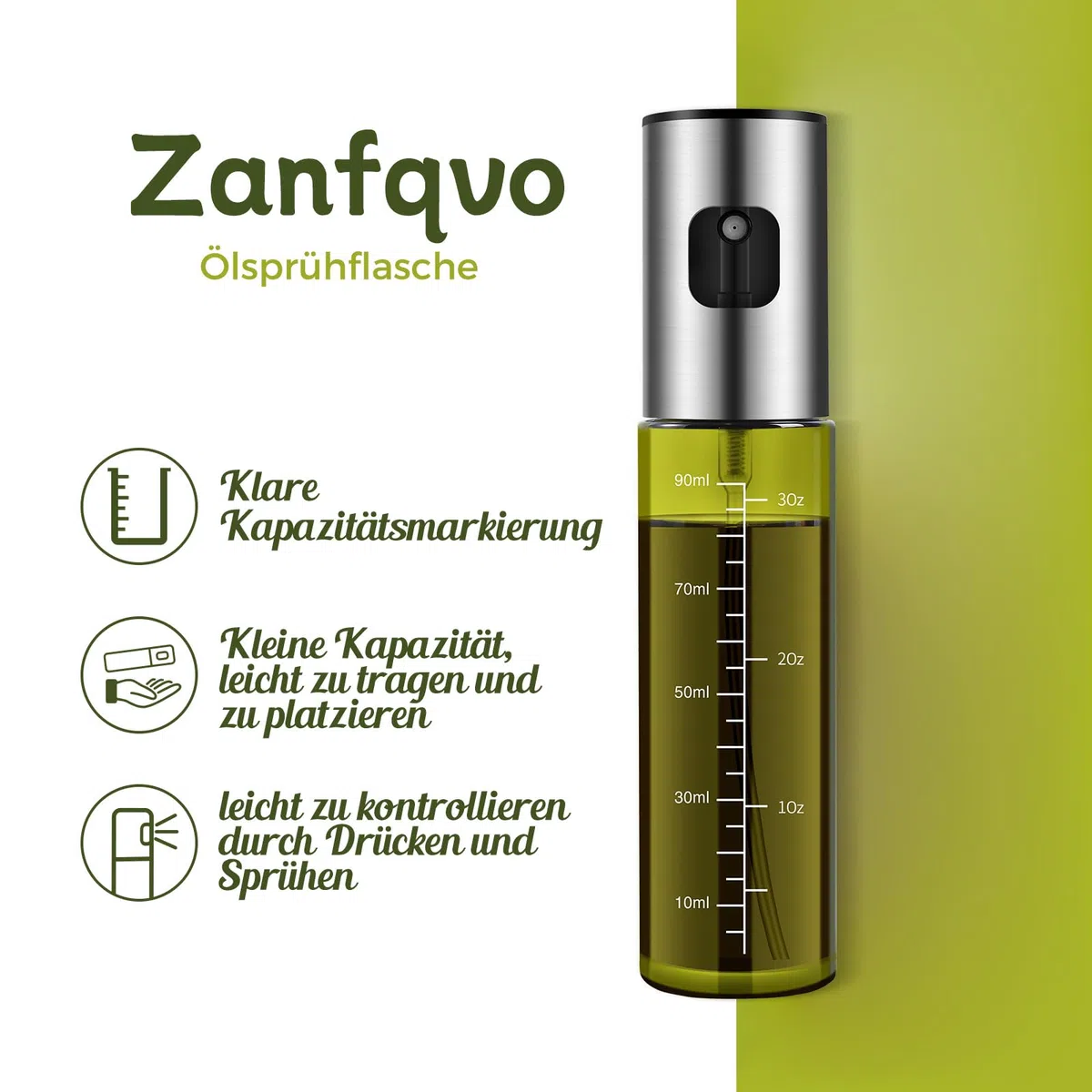 Zanfqvo Spruzzino Olio per Friggitrice Aria, 2 Pezzi Spray Olio Cucina Vetro Speciale Verde con Protezione UV, Nebulizzatore Olio per Grigliare, Insalata, Cottura al Forno