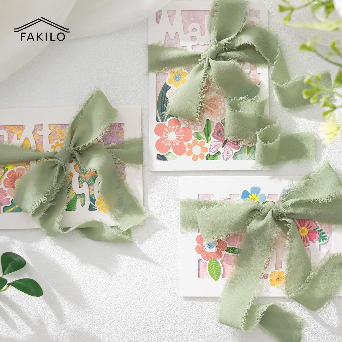 Nastro in Chiffon Frange Fatto a Mano 4 Rotoli 1'' X 5 Yd Verde Chiaro, 20 Yd Nastro di Seta per Inviti di Nozze, Bouquet da Sposa, Confezione Regali