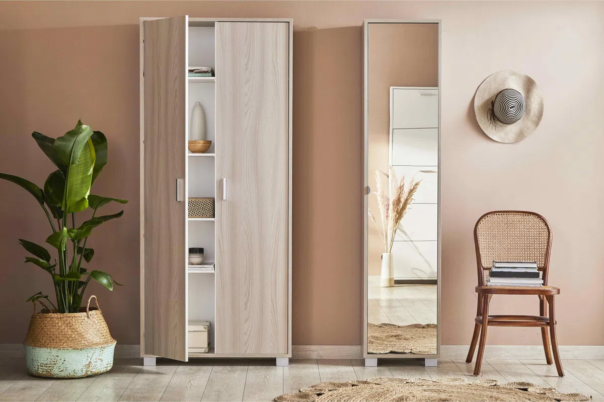 MONDO VIRO Colonna 1 anta a specchio Mirror1 mobile in legno cm 43x29 190h (Bianco Fiammato/Specchio)
