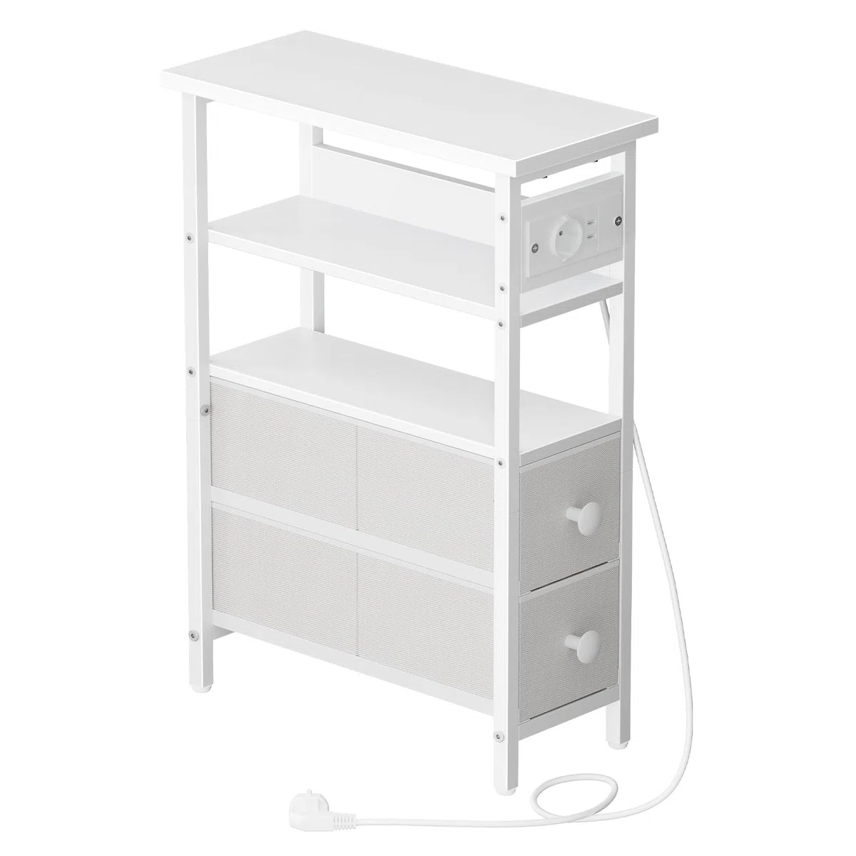 HOOBRO Tavolino Stretto con Stazione di Ricarica, Cassetti in Tessuto, Comodino Sottile con Ripiani Portaoggetti, per Soggiorno, Camera da Letto, Piccoli Spazi, Bianco EWT132CBZ01