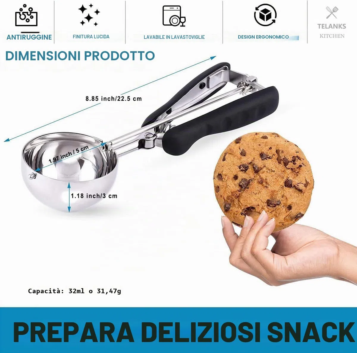 Cucchiaio per Gelato 4 cm, 5 cm o 6 cm - Porzionatore Paletta in Acciaio Inox per Gelato, Biscotti - Dosatore (5 cm)