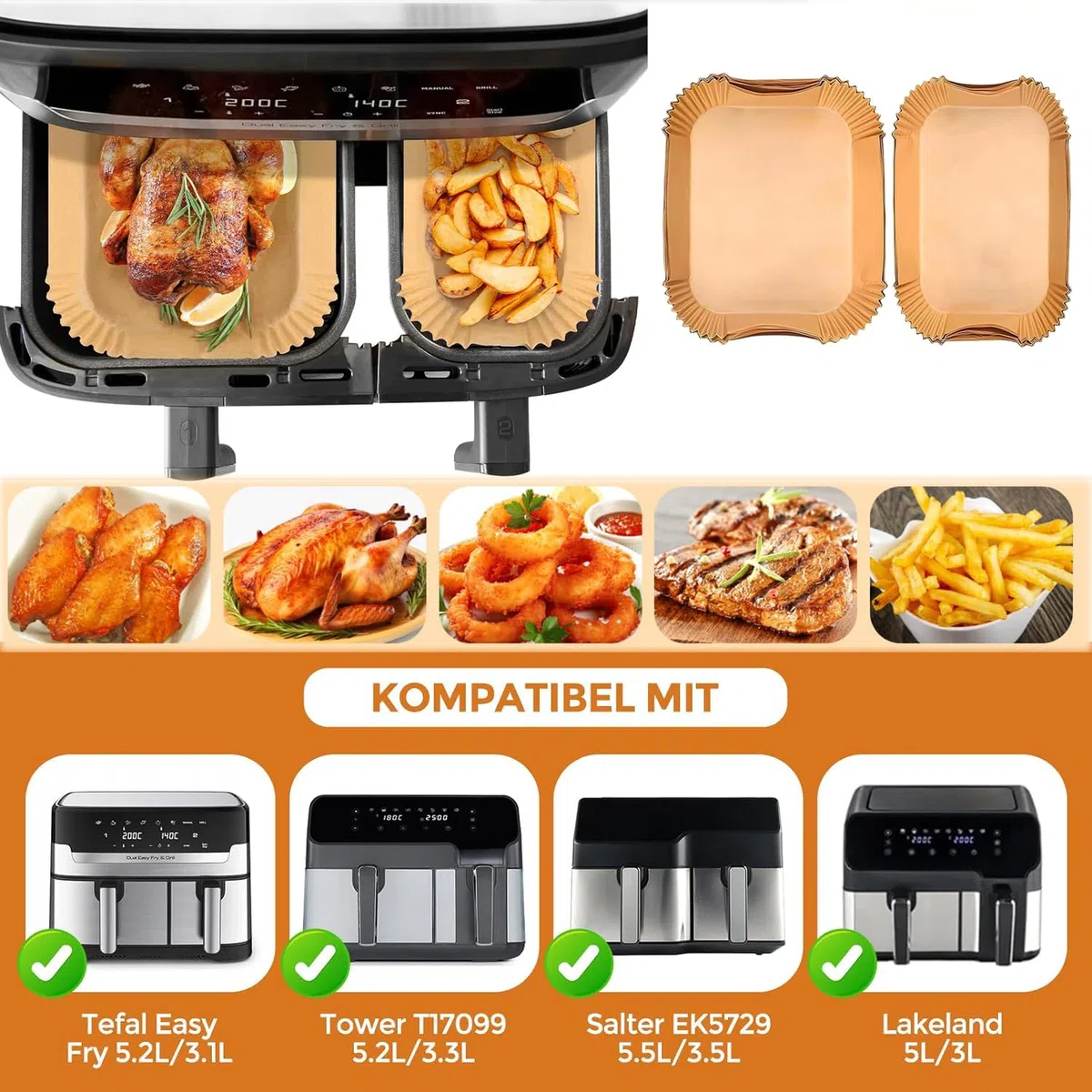 120 pz carta da forno per Philips Airfryer Dual Basket 3000 Series, friggitrice ad aria calda carta da forno per Tefal Easy Fry EY901810 EY905D 5,2/3,1 L, Cecotec 5,5/3,5L, Moulinex 8,3 L