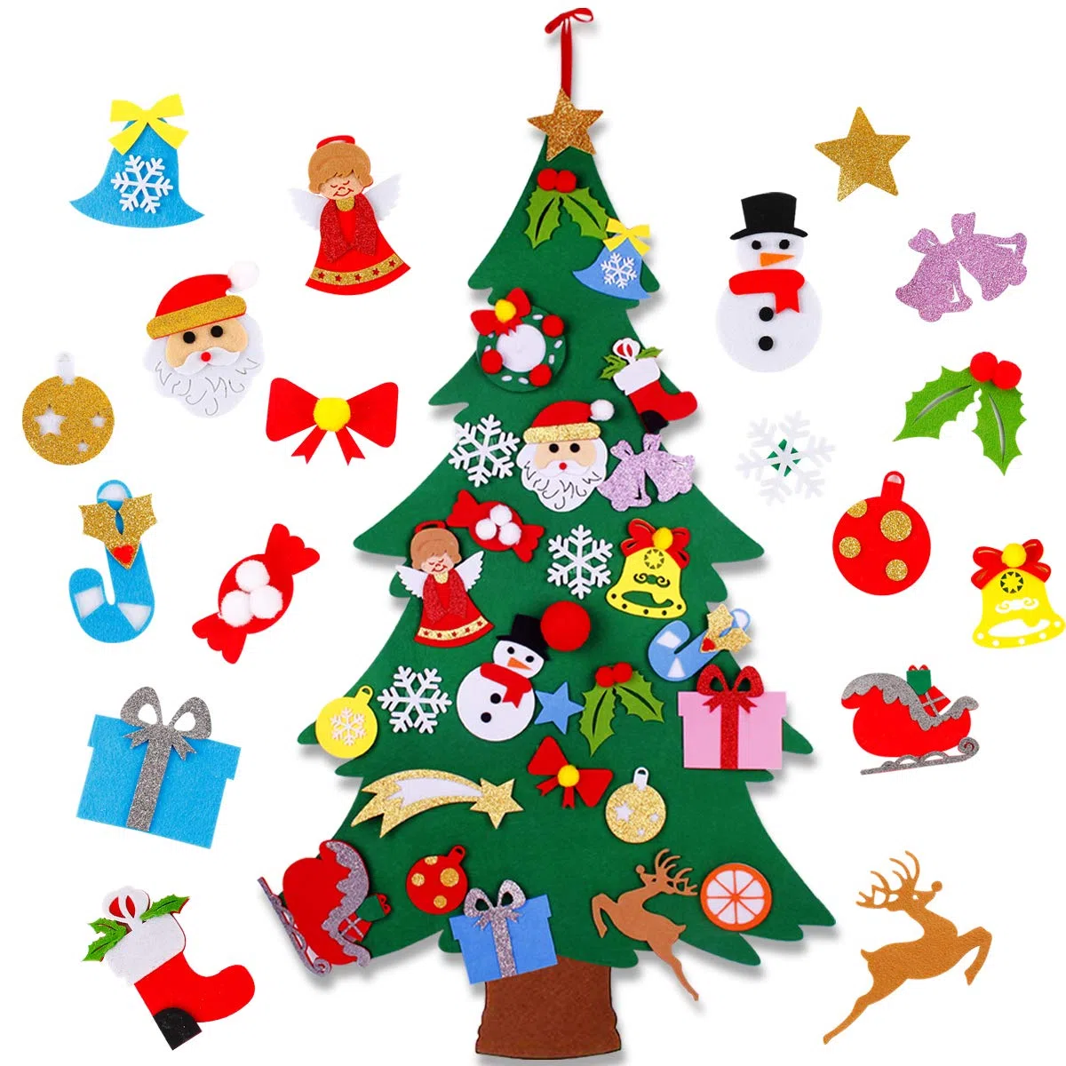 FengRise Albero Natale Feltro - 120cm Albero di Decorazioni Natalizie con 25 Ornamenti Natalizi Staccabili per Regali di Natale di Nuovo Anno per Bambini, Decorazioni Natale per Casa Pareti di Porte