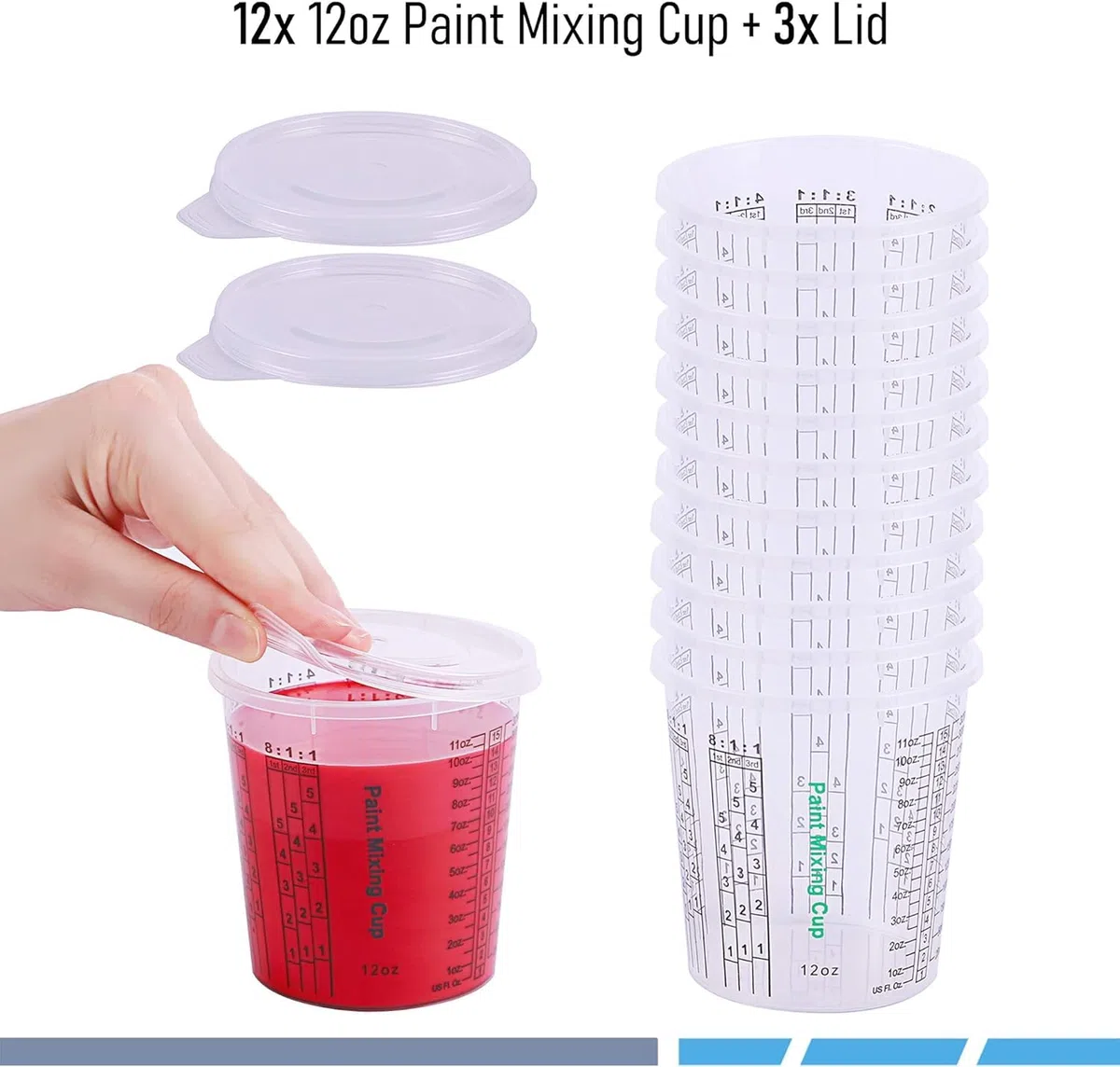 CANOPUS Premium Misurini in Plastica, 360ml (12 Pacco) Bicchieri per Vernice per Epossidica e Resina, Bicchiere di Miscelazione di Plastica per Progetti Auto, Eartistici, Uso Cucina, con 3 Coperchi