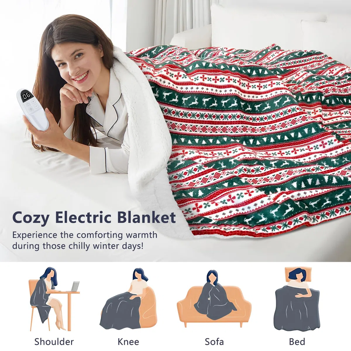 Anysun Coperta Elettrica Matrimoniale, Termocoperta Matrimonial 200 x 180 cm, 6 Livelli di Calore, Timer 10 Ore, Coperta Elettrica per Letto con Renna di Natale e Fiocco di Neve, Lavabile in Lavatrice