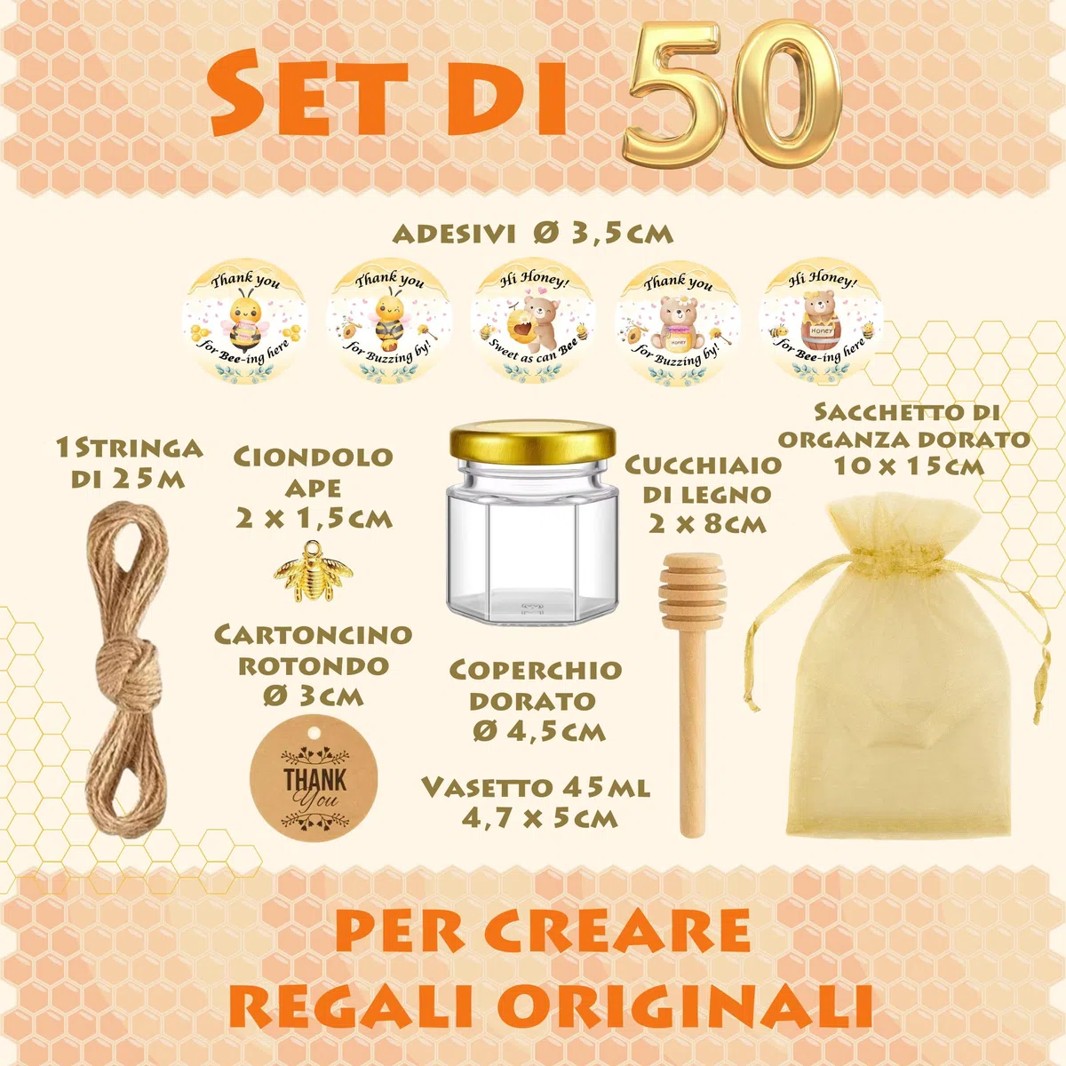 Luna & Dina Set di 50 mini vasetti di miele in vetro con coperchio dorato, cucchiaino per miele, ape, etichetta, spago, sacchetto in organza, adesivi, regalo per gli ospiti di nozze (Premium)