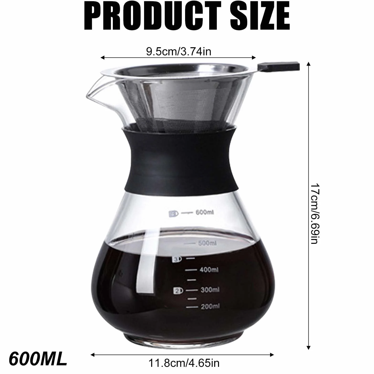 Pour Over - Caffettiera da 600 ml, per caffè con filtro, a mano, in acciaio inox, filtro a mano, in vetro, con filtro permanente, per la casa, il caffetteria, il ristorante e il campeggio, colore nero
