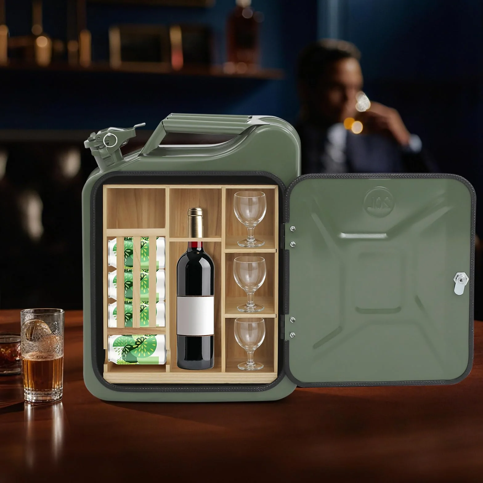 Tanica bar in metallo, minibar con serratura con scomparti in legno, come regalo per uomini, bar mobili, 35 x 15,5 x 47 cm