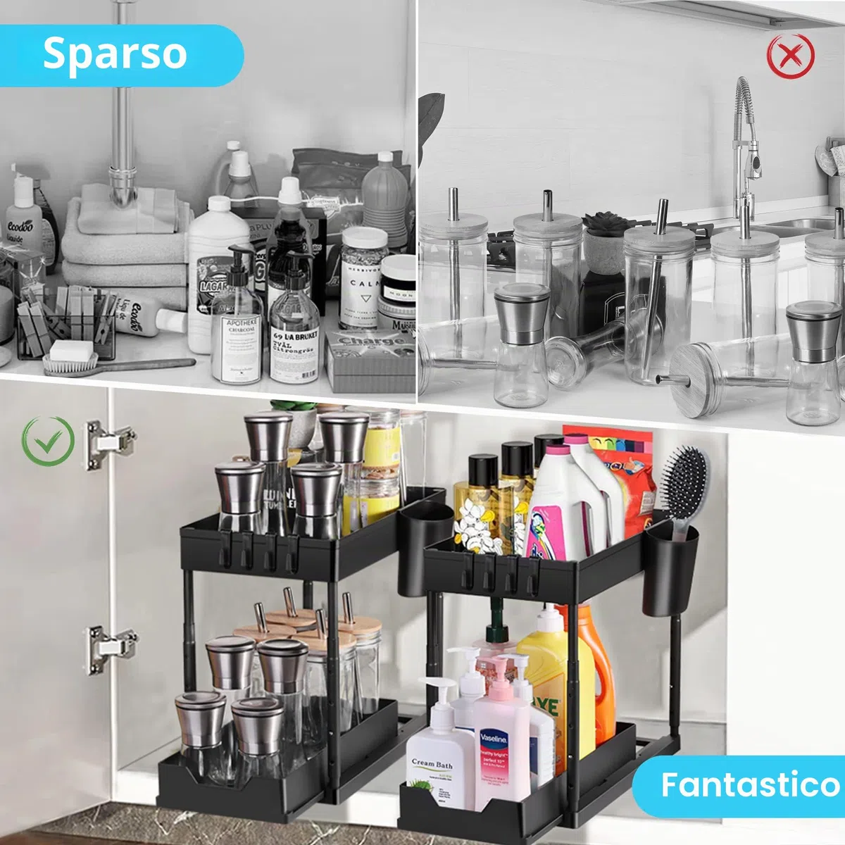 Eufrozy Confezione da 2 Organizer Sottolavello a 2 Ripiani, Ripiani Sottolavello con 8 Ganci e 2 Tazze e 1 portasapone, Scaffale Multiuso Regolabile in Altezza per Cucina, Bagno, Nero