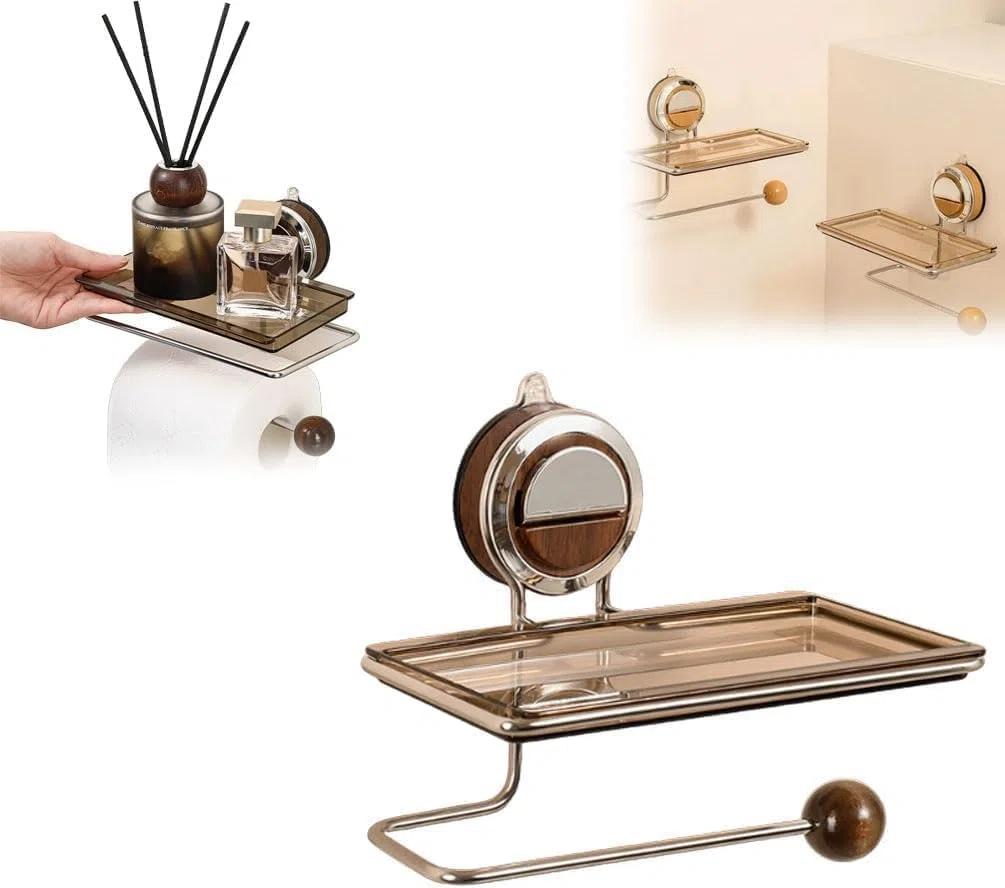 Portarotolo di carta igienica in acciaio inox con forte ventosa, senza fori, mantiene forte e stabile, porta rotolo di carta igienica con ripiano per bagno, con ventosa (colore legno originale)