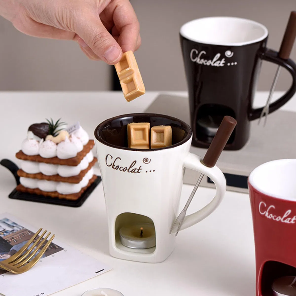 Tazza Per Fonduta Di Cioccolato, Set Creativo Di Tazze Per Fonduta Con Candele Da Tè, Tazza Da Caffè In Ceramica Per Fonduta Di Cioccolato Con Forchette, Tazze Per Sciogliere Cioccolato, Formaggio