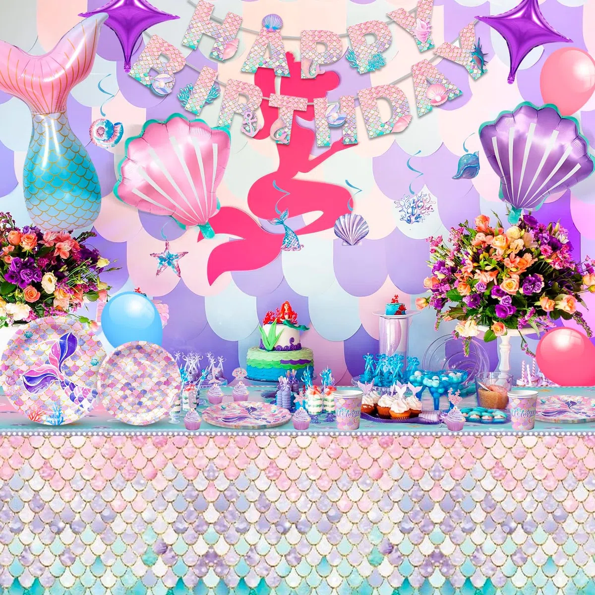 Articoli per Feste di Compleanno a Sirena,90 Pezzi Decorazione Festa Delle Sirene&Stoviglie per Feste a Sirena Set-Piatti di Carta a Sirena Tazza Tovaglie etc Forniture Decorative per Sirene