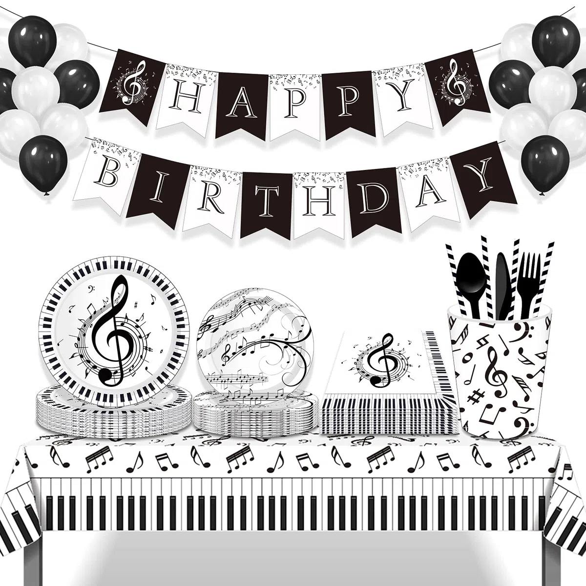 1 tovaglia in plastica con note musicali a pianoforte, 137 x 210 cm, colore bianco e nero, con note musicali letterarie, matrimoni, baby shower, feste, vacanze, cene, picnic o tovaglia per cucina e