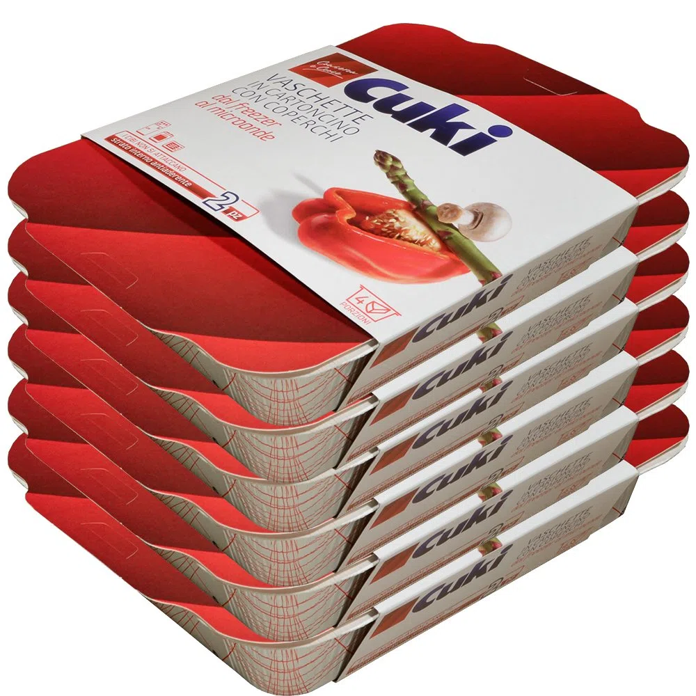 Cuki Vaschette in cartoncino con coperchi dal freezer al microonde - 4 porz - rettangolari [RC2] - 12 vaschette (Multipack)