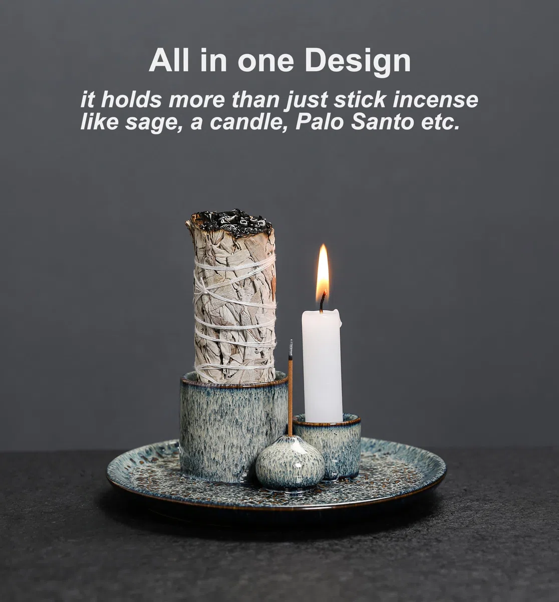 Porta Salvia in Ceramica, Porta Incenso 3 in 1 per Palo Santo e Salvia, Vassoio Artigianale per Cenere da Meditazione (Verde)