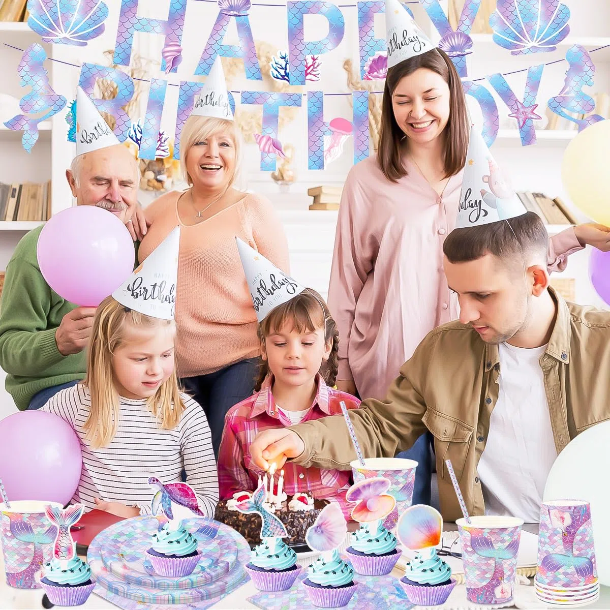 AKONE Set di stoviglie da festa a forma di sirena, 62 pezzi, decorazione di compleanno per bambini, piatti di carta, tazze, tovaglioli, tovaglie e striscioni di compleanno