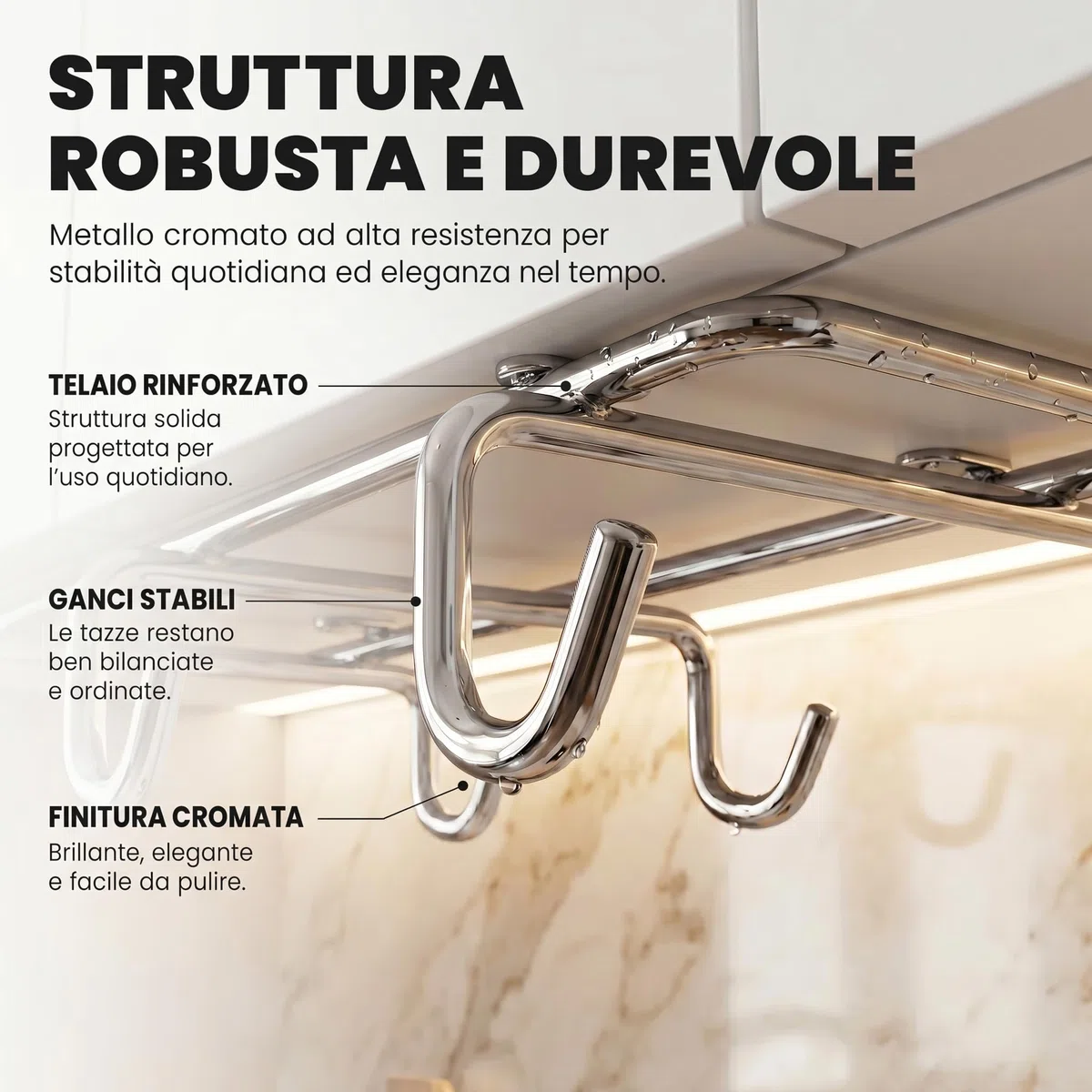Porta Tazze da Appendere Premium | Organizer Cucina Salvaspazio Cromato - per Tazze e Tazzine da Caffè, 6 Ganci - dal Design Elegante e Struttura Professionale ad Alta Resistenza | GALVANOPLASTICA