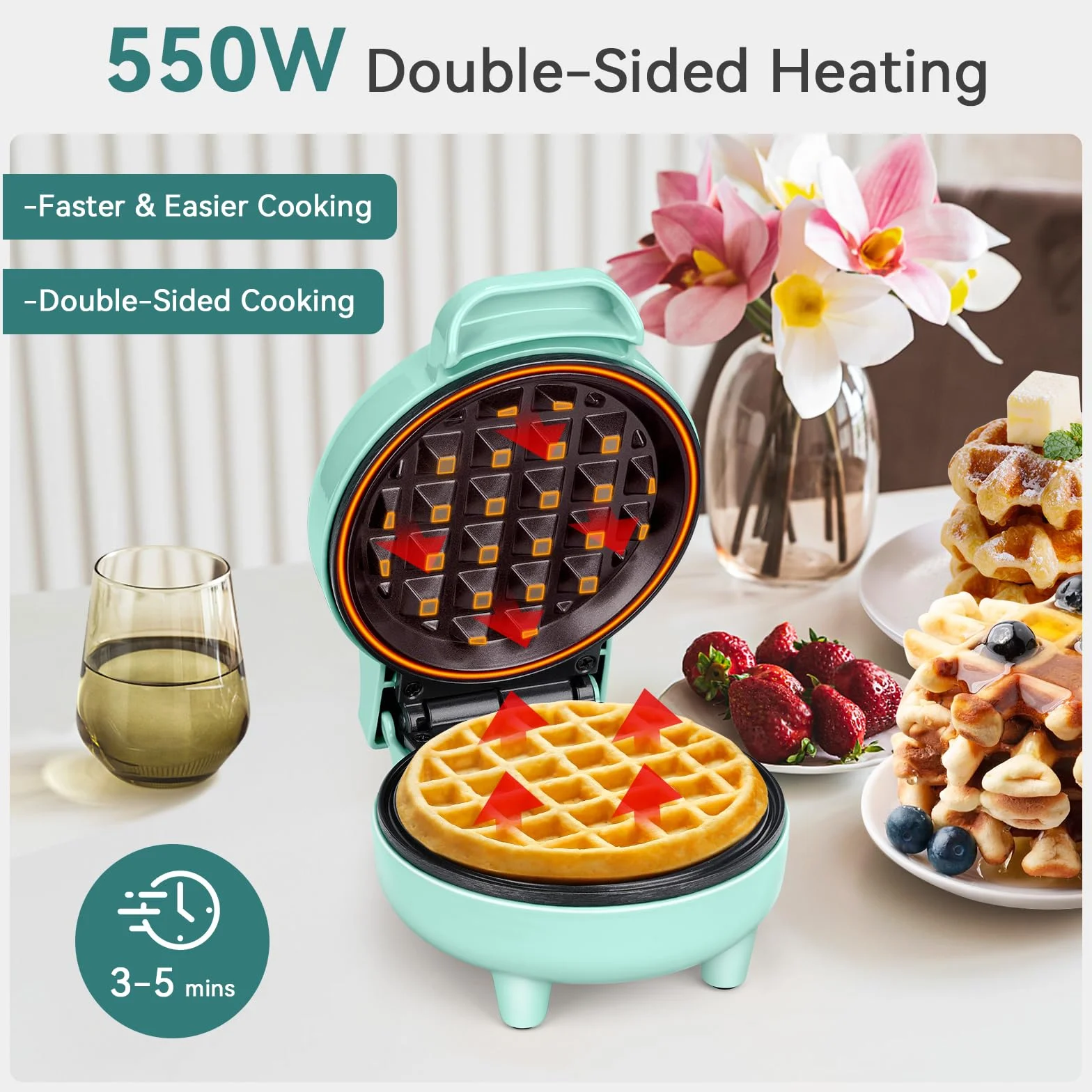 SNAILAR Piastra per Waffle, Mini Macchina per Waffle, 550W Waffle Maker con Rivestimento Antiaderente, Temperatura Automatica, Design Compatto, Verde