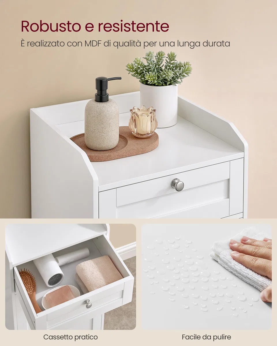 VASAGLE Mobile Portabiancheria per Bagno, Mobiletto Bagno con 1 Cassetto e 1 Cesto Portabiancheria, Sacco Interno Rimovibile con Maniglie, 40 x 40 x 80,2 cm, Bianco Nuvola BBC741W01