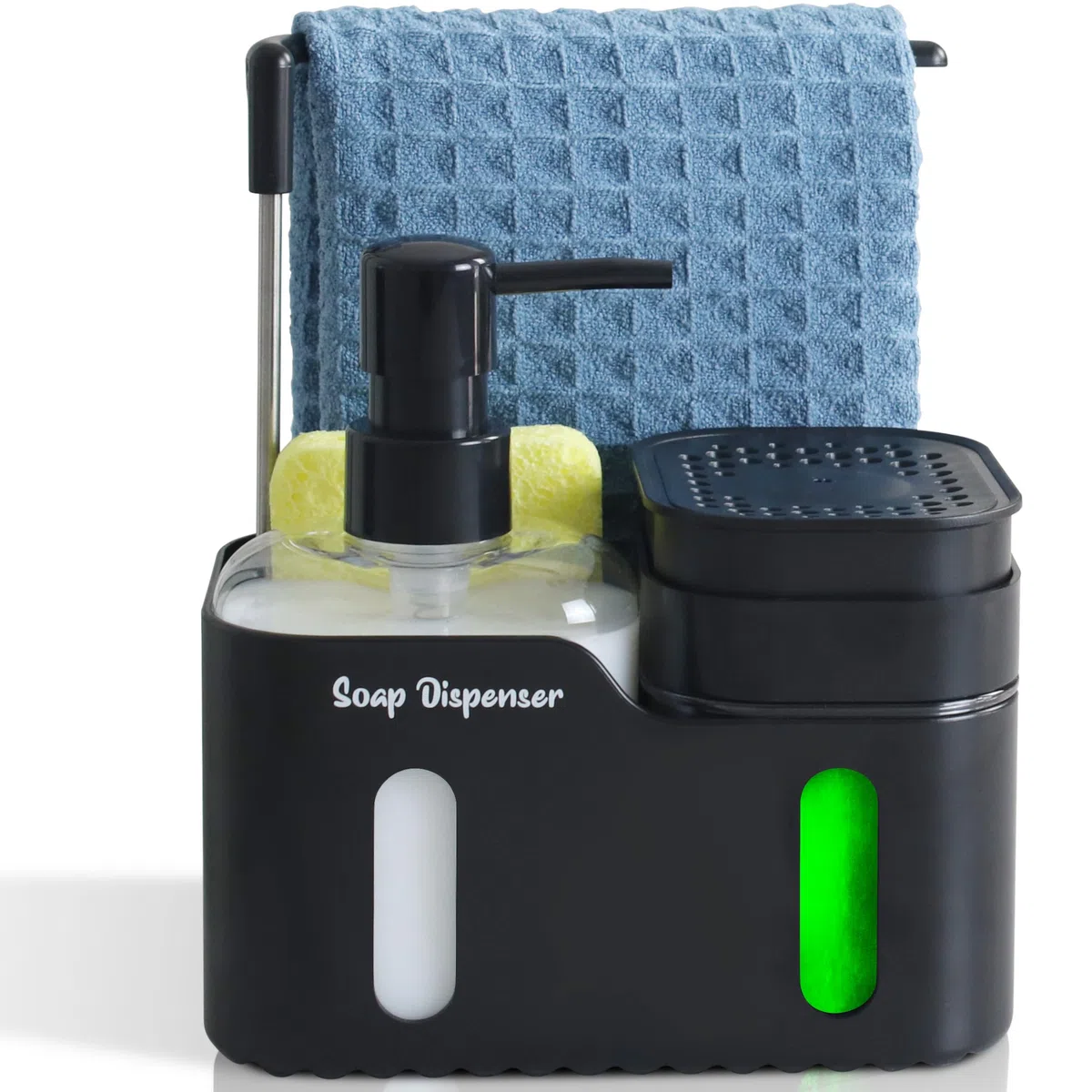 Dispenser Sapone Cucina Nero con Dosatore per Lavastoviglie e per Sapone per Mani. Organizzatore per Lavello con Supporto in Spugna Dish Soap Dispenser for Kitchen