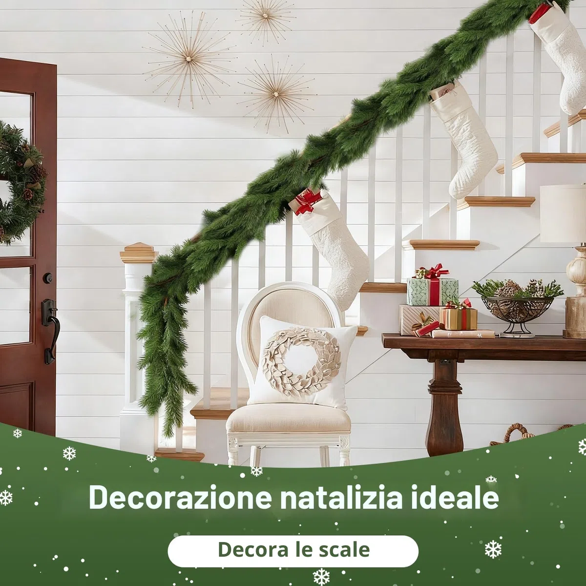 Ghirlanda Natalizia 180cm/5.91ft, Ghirlanda di Pino Artificiale con 136 Rami Verde Abete, Festone di Pino Natalizio, Decorazione Natalizia per Esterno ed Interni, Scale, Porta, Camino (180CM)