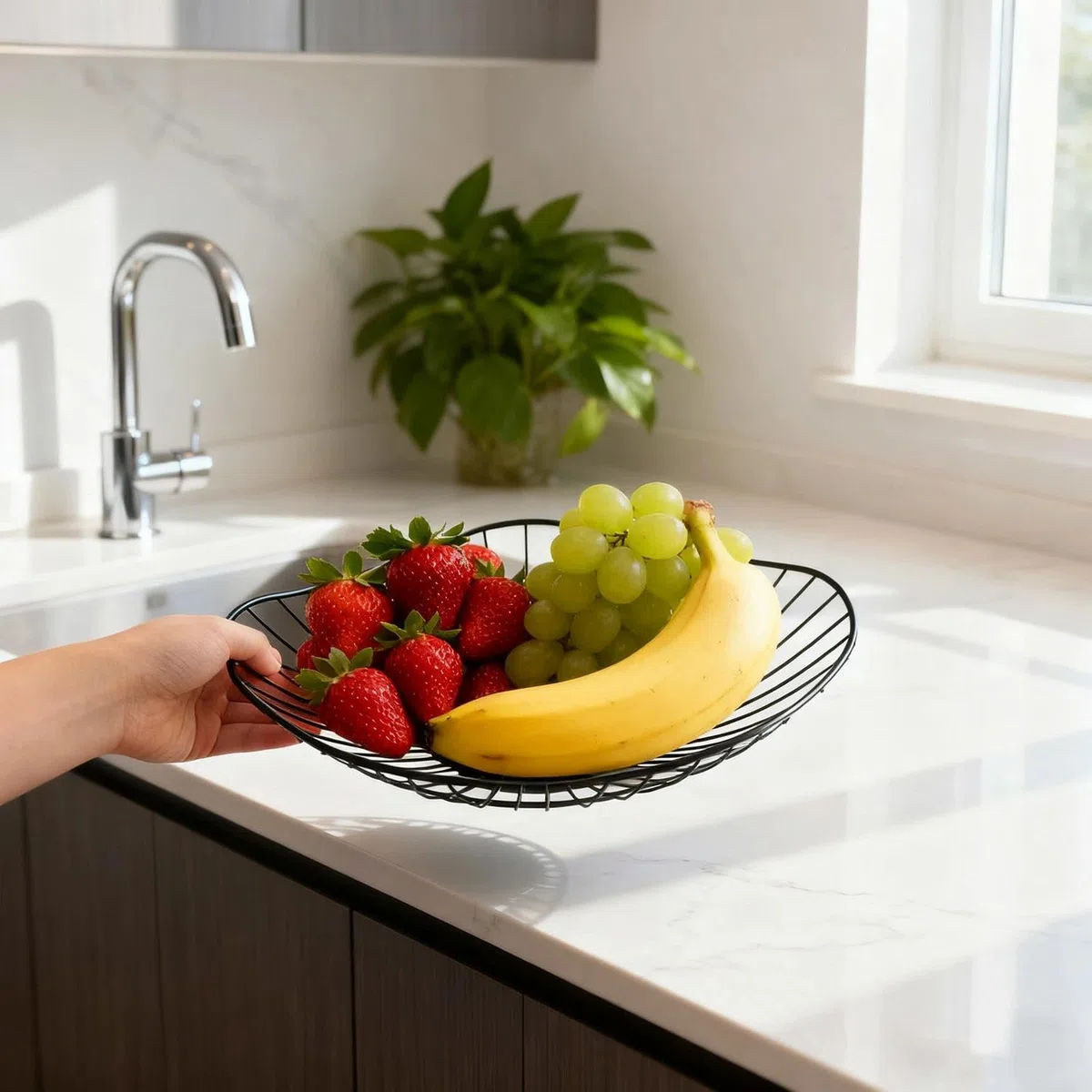 Set di 2 cestini per frutta in metallo, moderni, in metallo, con design a cavità, per la casa, elegante regalo, per feste, colore nero