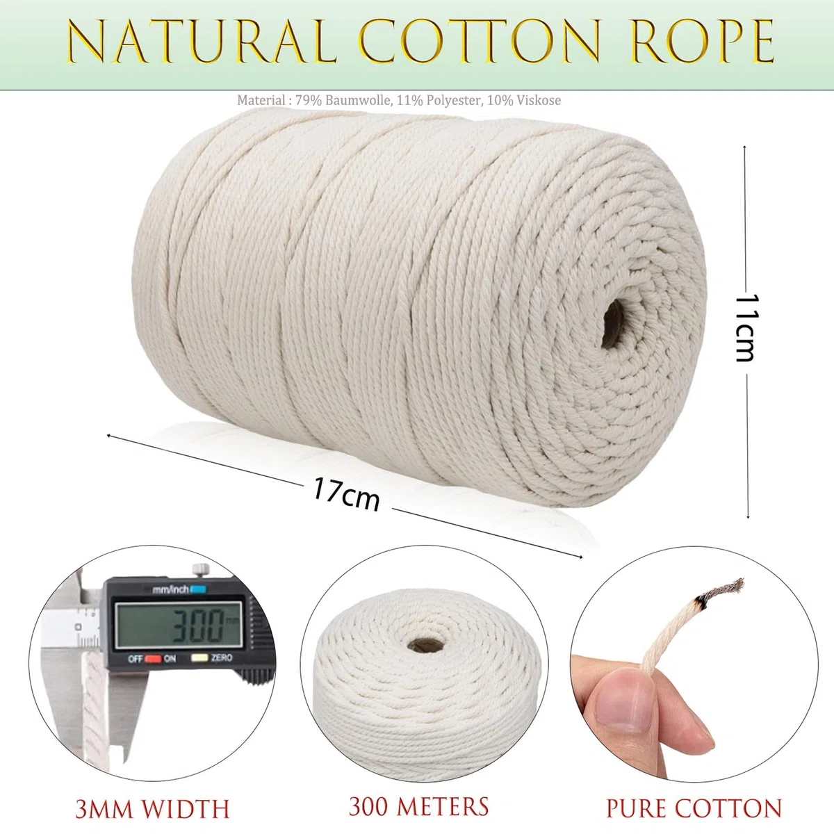 Macrame Corda 3 mm x 300 m, Filo Naturale, per Appendiabiti per Fiori, DIY Knitting Craft, Home Decor Camera da Letto e Decorazioni Nuziali (Beige)