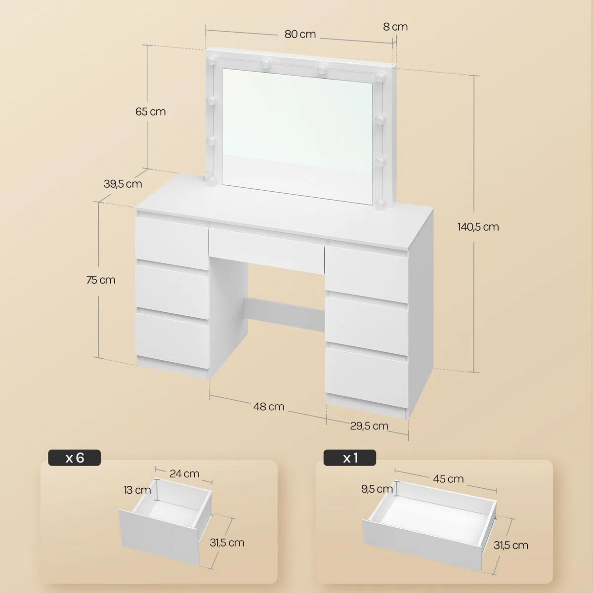 WOLTU Toeletta da Trucco, con Specchio e Luci LED, Luminosità Regolabile, Tavolo da Trucco, con 7 Cassetti, Postazione Make Up, 107x39,5x140,5cm, Cassettiera in Legno, Bianco, MB6099ws