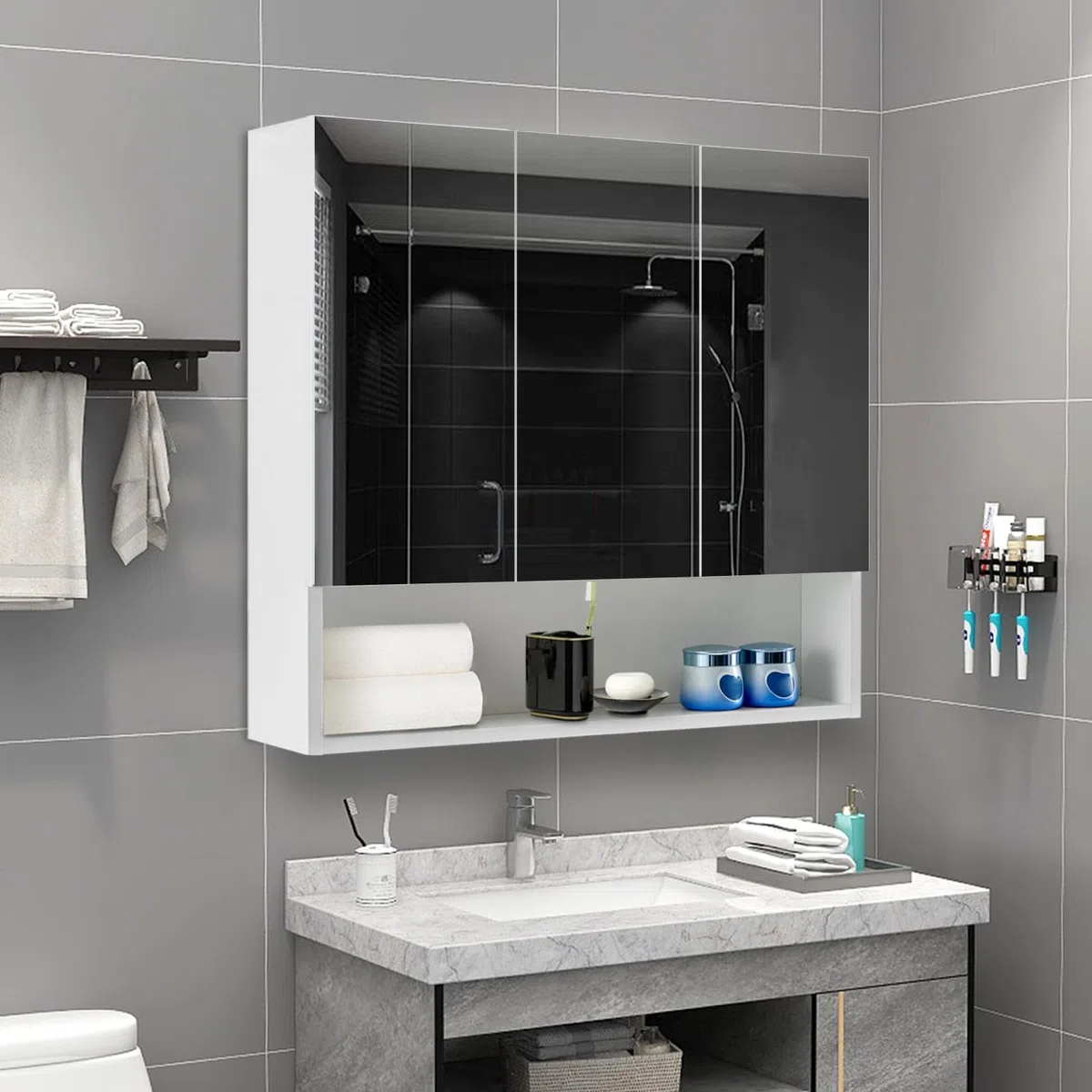 Tukailai - Armadietto per il bagno a giorno con montaggio a parete, bianco, con specchio, portaoggetti, con 3 ante, con ripiani a regolabili, impermeabile