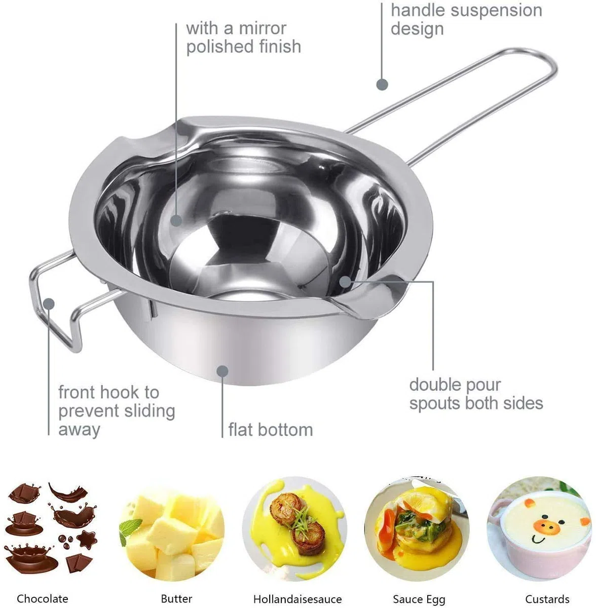 Bollitore in acciaio inox, universale, per cottura al vapore, per far fondere burro, cioccolato, formaggio, caramello (1000 ml)