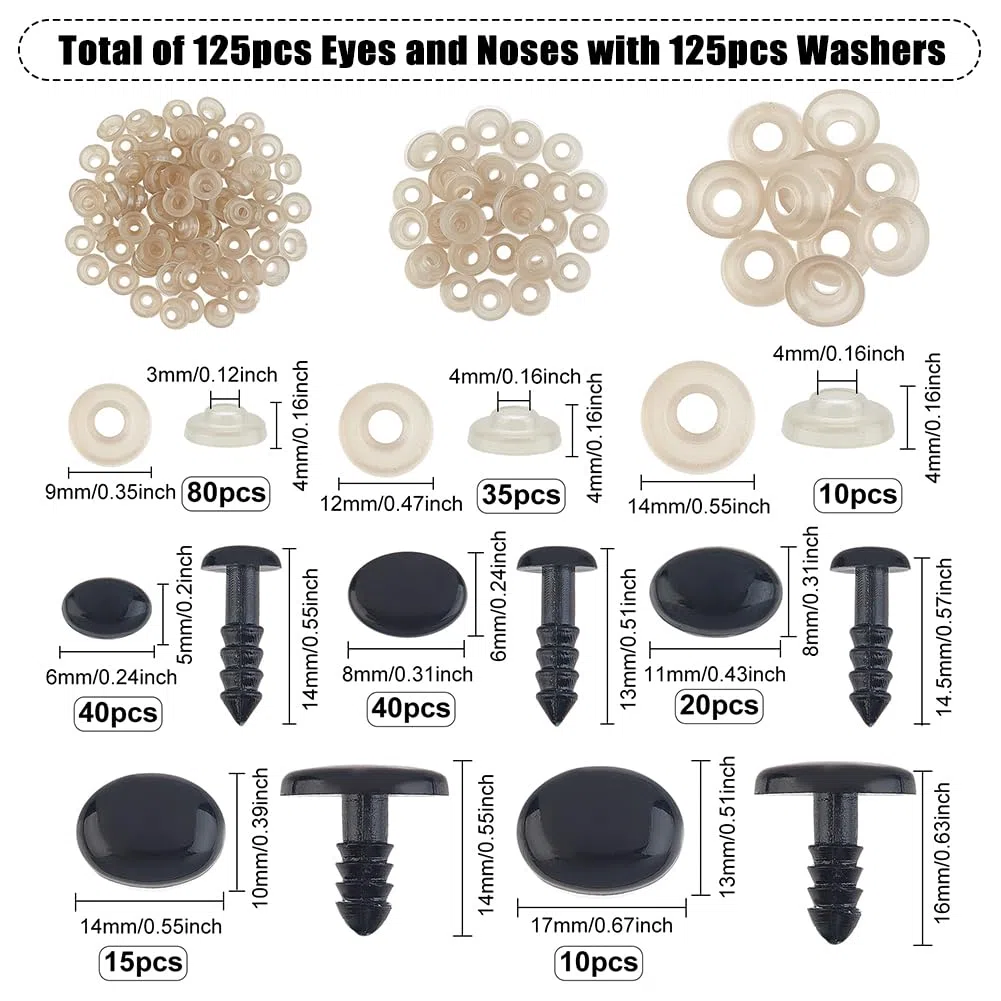 SUPERFINDINGS 5 Misura Circa 125 Pezzi per Animali Imbalsamati Occhi e Nasi Neri Naso Ovale di Sizza con 126 rondelle per all'Uncinetto 5-13x6-17x14-16 mm