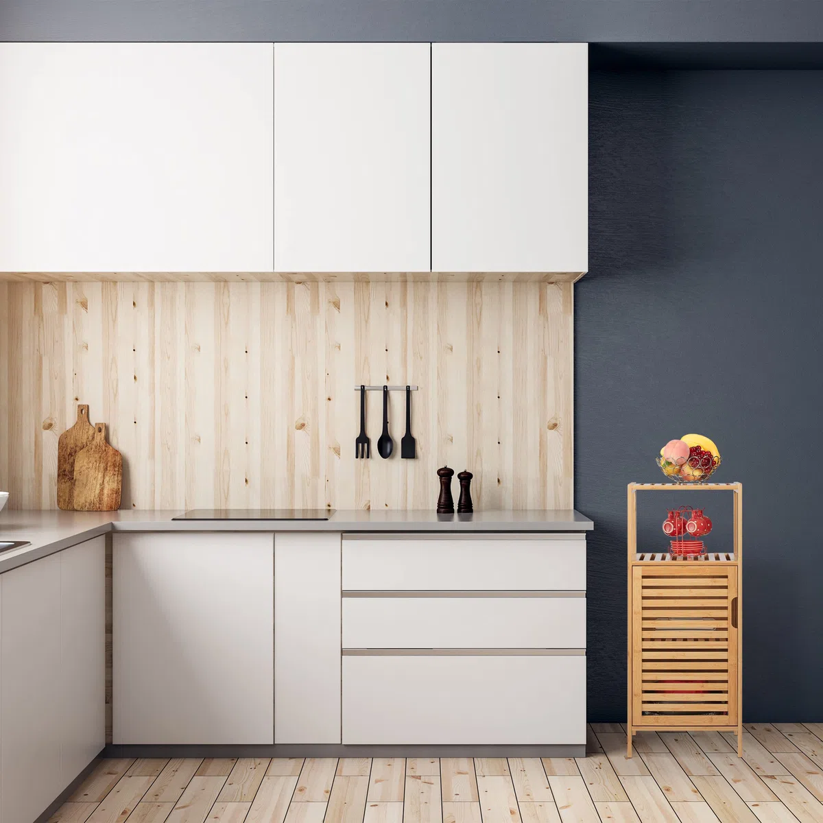 Relaxdays Mobile per Il Bagno, in bambù, 2 Ripiani Aperti, Salvaspazio, 2 Scomparti Chiusi, HxLxP: 87x36,5x33 cm, Natura