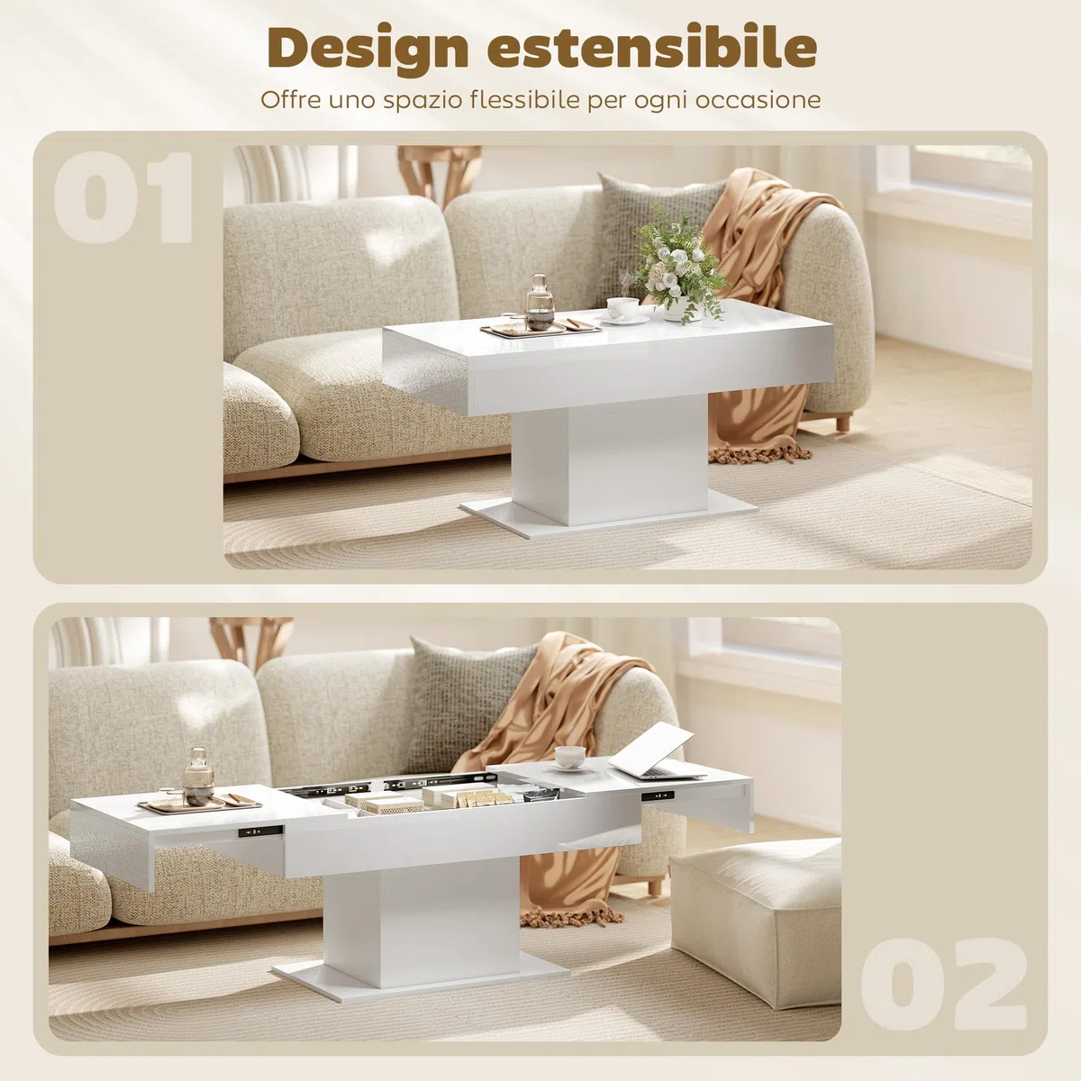 HOMCOM Tavolino da Caffè Estensibile con Vano Contenitore, Tavolino Salotto Allungabile Moderno con Piedini Antiscivolo, Tavolo Soggiorno per Casa Ufficio, 108-178.5x53x49 cm, Bianco Lucido