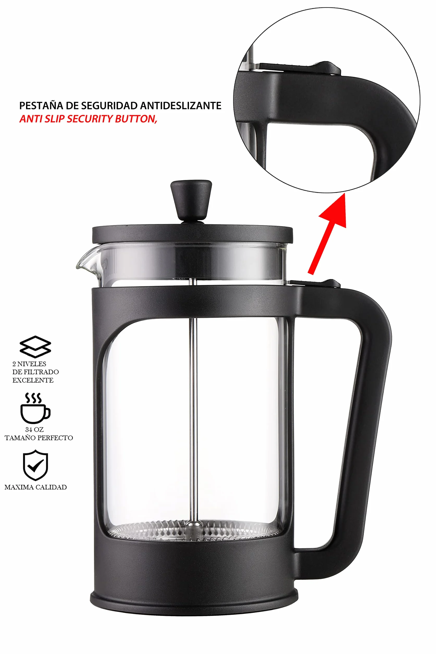 Vier - Caffettiera/teiera francese da 1 litro / 34 Oz. Vetro borosilicato resistente al calore. Filtro in acciaio inox e coperchio nero.