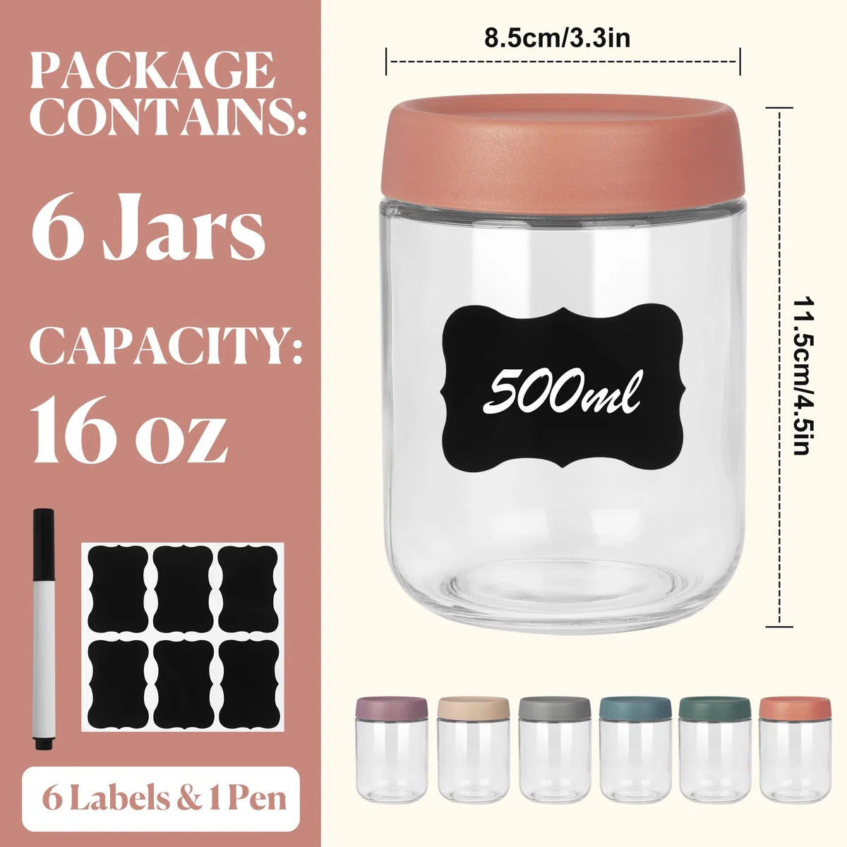 500 ml Overnight Oats Jar, Confezione da 6 Barattoli di Vetro con Coperchio per Avena Durante la Notte,Insalata,Frutta,Ogurt,Chutney,Marmellata,Spezie,Riutilizzabili,Coperchi a Vite Sigillanti