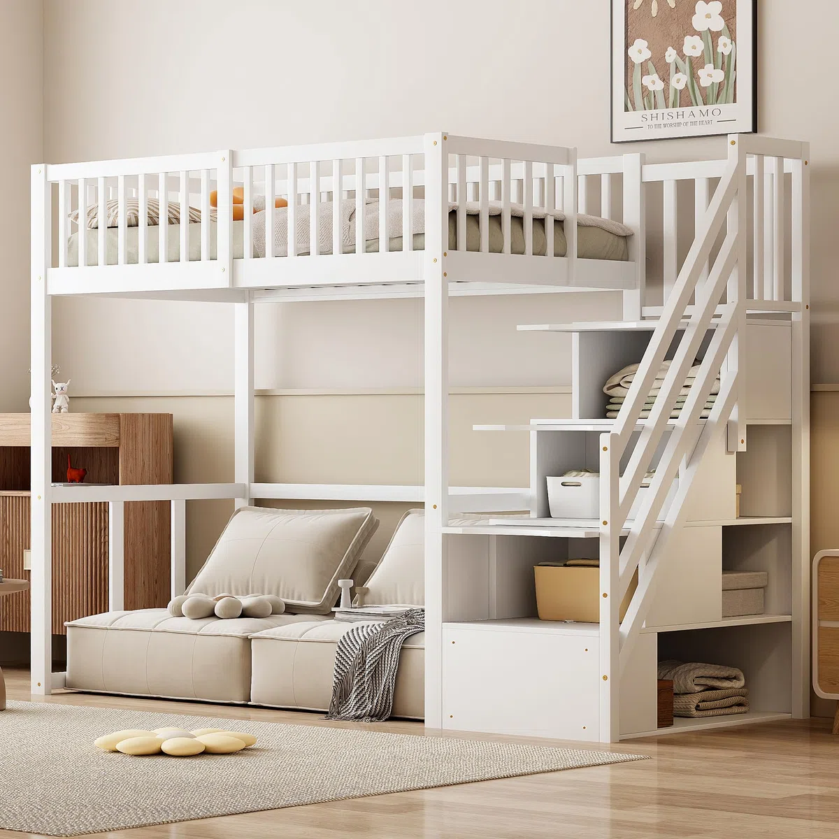 Kebnor Letto a soppalco 90 * 200 cm con scala di sicurezza e vano portaoggetti, struttura letto in legno di pino massello per bambini e ragazzi (Bianco)