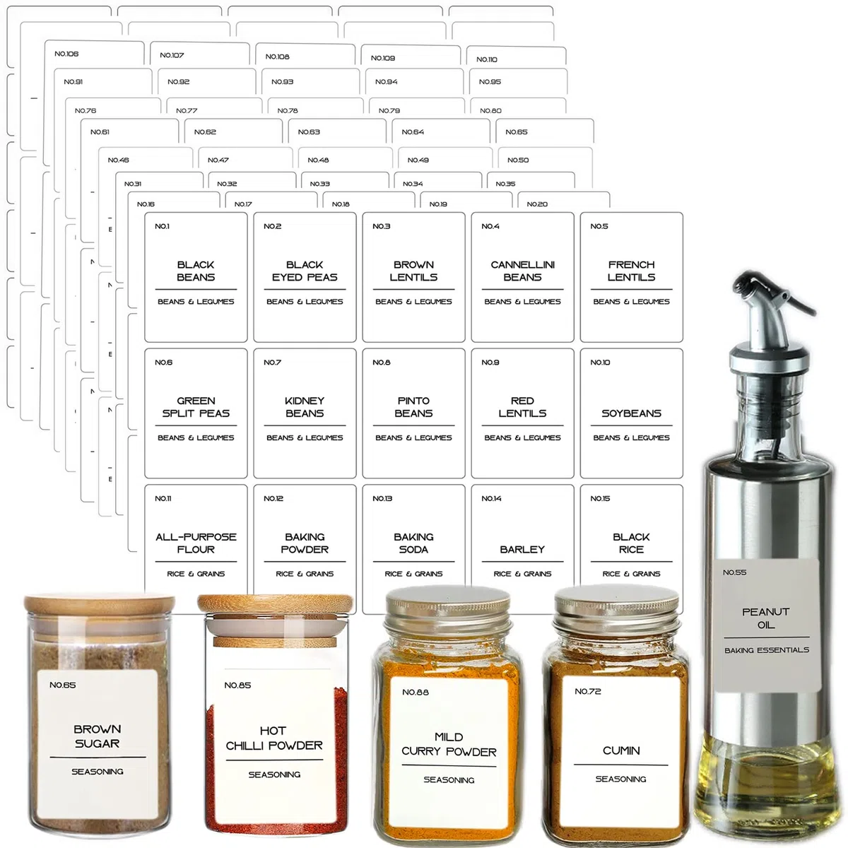165PCS etichette adesive impermeabili per spezie, etichette minimaliste per barattoli di spezie testo nero prestampato su etichetta bianca adatta per barattoli di spezie rotondi o rettangolari