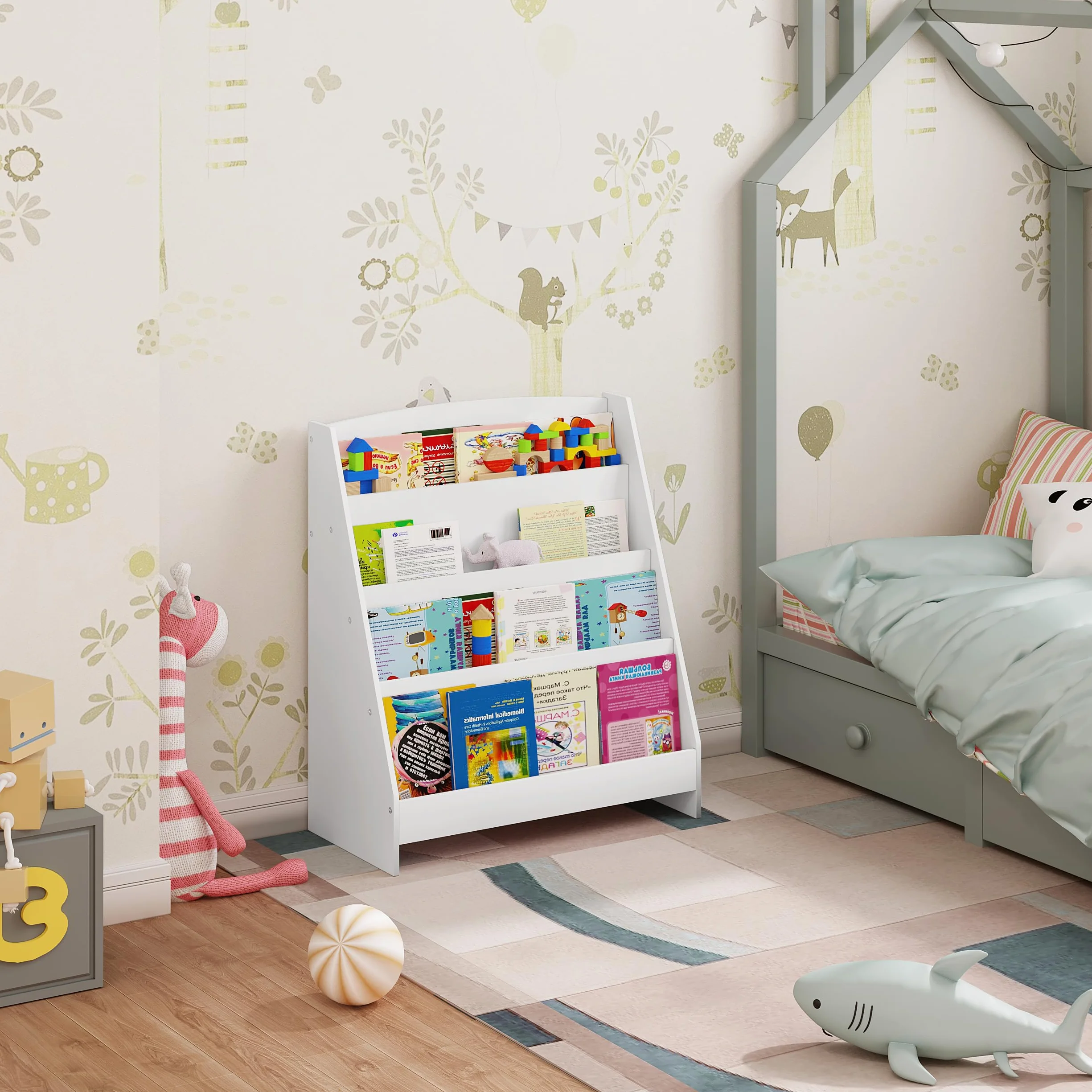 Lestarain Libreria Montessoriana per Bambini in Legno, Mobiletto Porta Libri con 4 Scomparti Aperti, Scaffale da Terra per Cameretta, Bianco, 61x30x70 cm