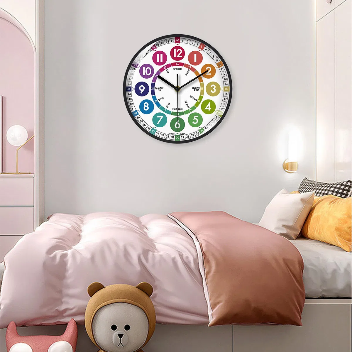 Orologio da parete per bambini di apprendimento silenzioso orologio da parete bambino educativo grandi numeri colorati facile da leggere per scuola classe camera da letto bambini, 10 pollici