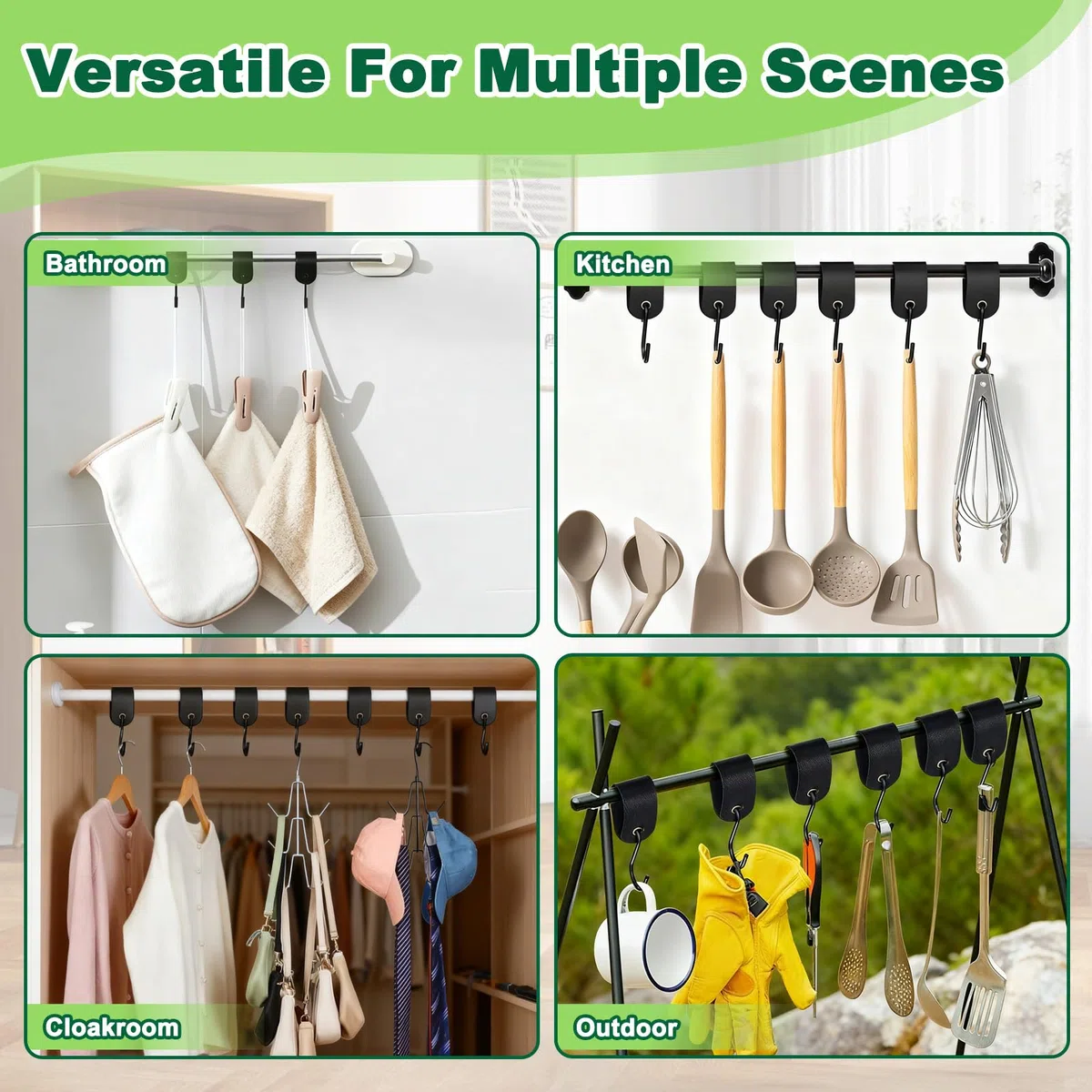 15Pcs Ganci a S con Striscia Pelle, Gancio Appendiabiti Campeggio Acciaio Inox Nero, Ganci Cappotti Passeggino Gancetti Cucina Metallo Multifunzionali per Appendere Vestiti Asciugamani Armadio Tazze