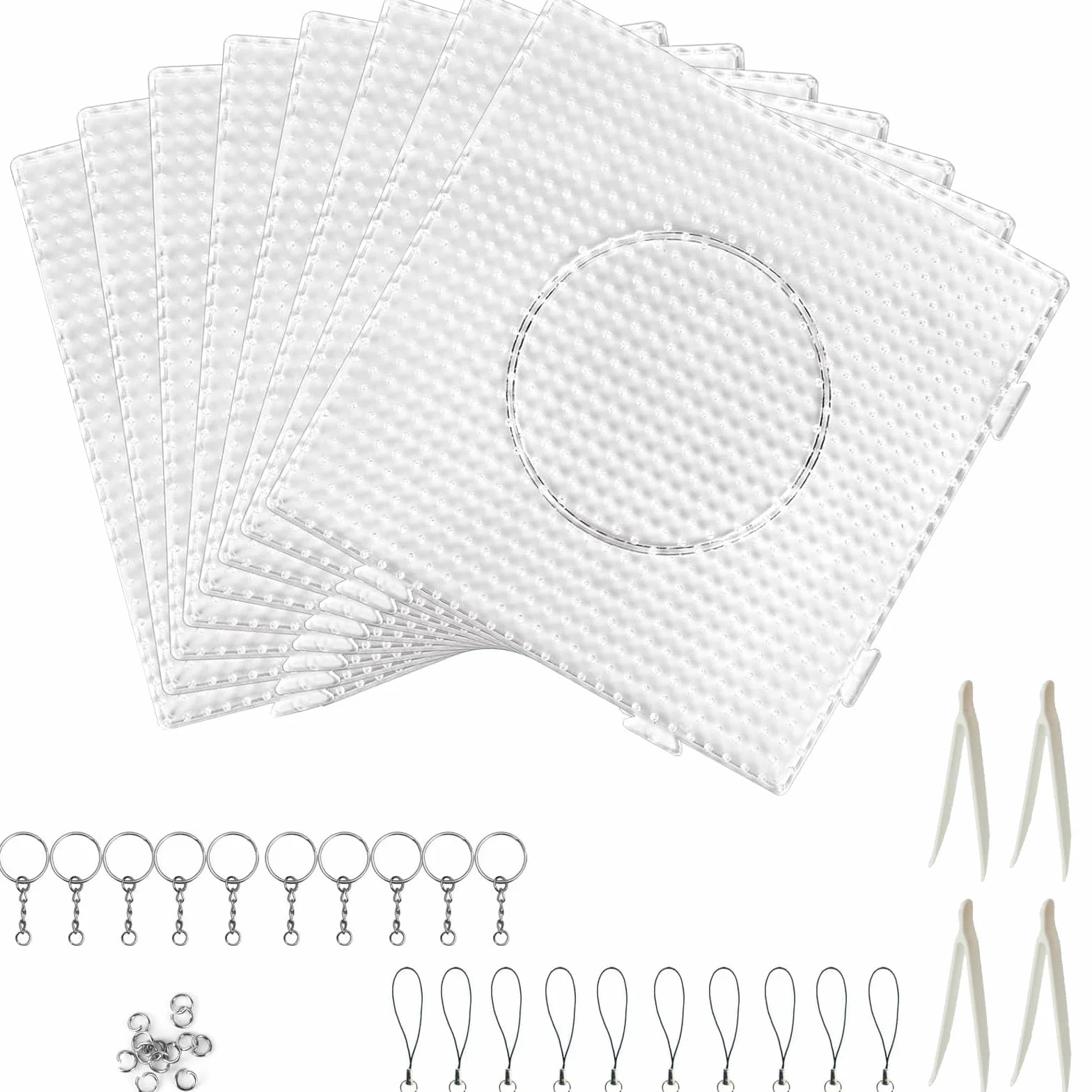8 Pezzi Base Quadrate per Perline da Stirare Trasparenti, 14,5 x 14,5 cm Base per Perline da Stirare, Pannello Forato Perline con 4 Pinzette 10 Portachiavi con Cordino