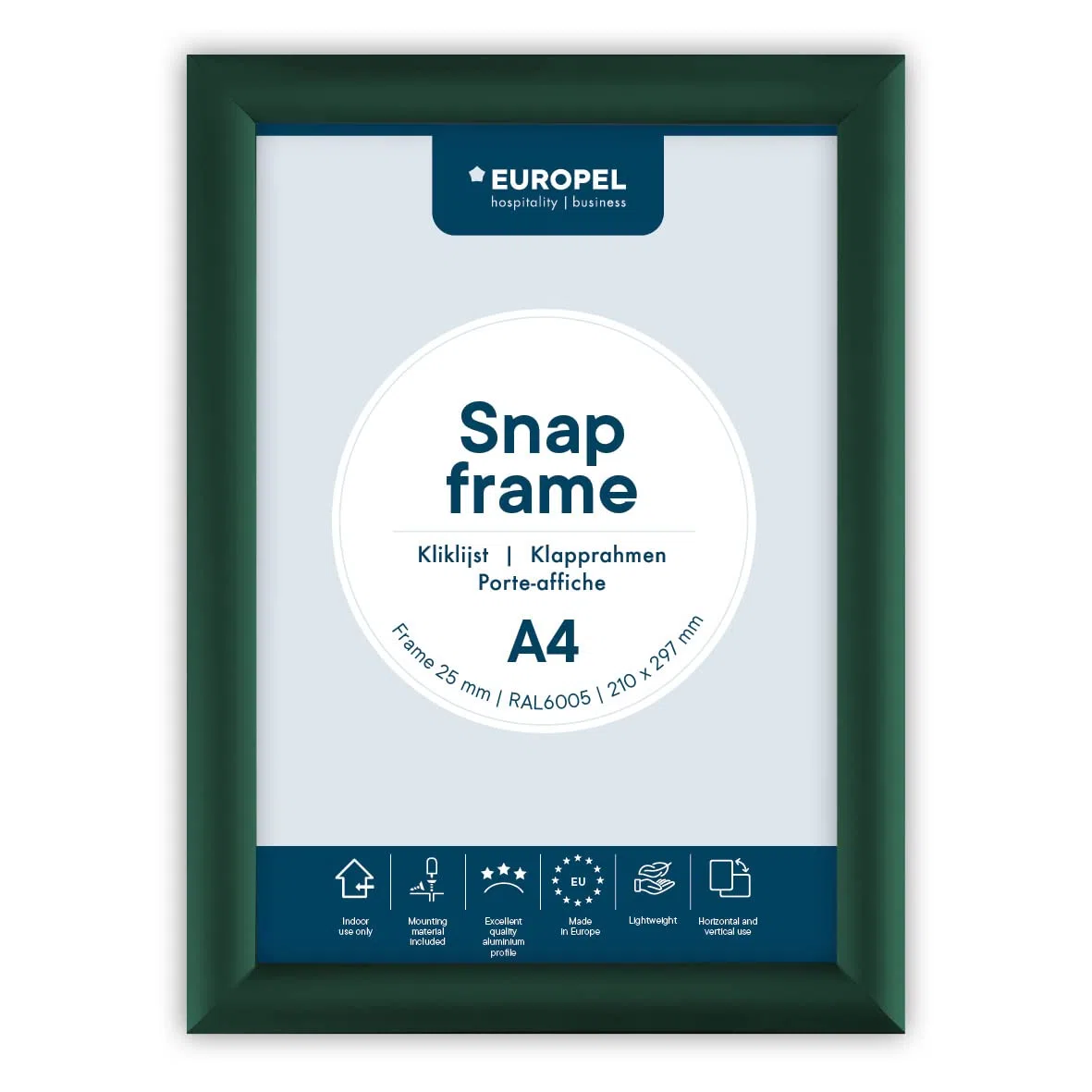 Europel cornice a scatto DIN A4 verde, sistema Easy-Click, profilo 25x11 mm, alluminio anodizzato, pellicola protettiva antiriflesso, dimensioni esterne 241x328 mm, retro in polistirene grigio