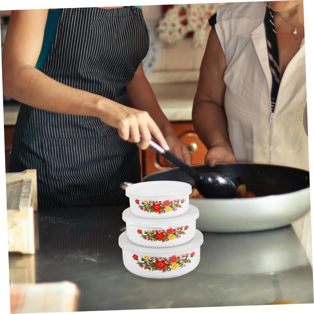 Hemobllo Set Di 3 Ciotole Smaltate Coperchio e Motivo Floreale Casuale, Contenitori Cucina Versatili Per Frutta, Insalate e Zuppe, Per Casa e Ufficio