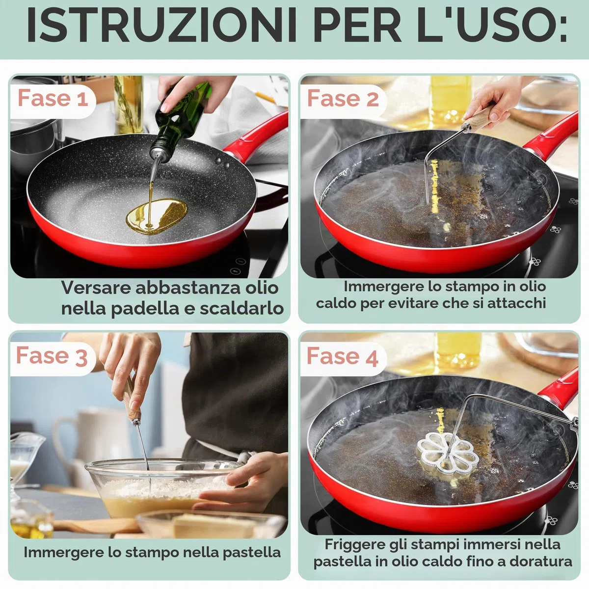 Tortillada - 4 pezzi Set Bunuelos Stampo con manico in legno Rosetta Maker biscotto Strumento in alluminio fuso stampi per cialde Set con 3 stampi (Stella Fiore Cerchio)