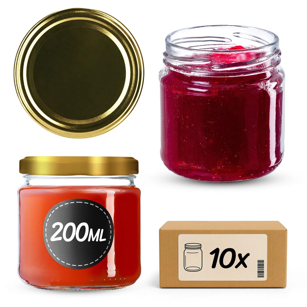 KADAX Set di 10 barattoli in vetro 200ml Ø66 Oro – tappo a vite ermetico, lavabili in lavastoviglie, per marmellate, miele, conserve e spezie