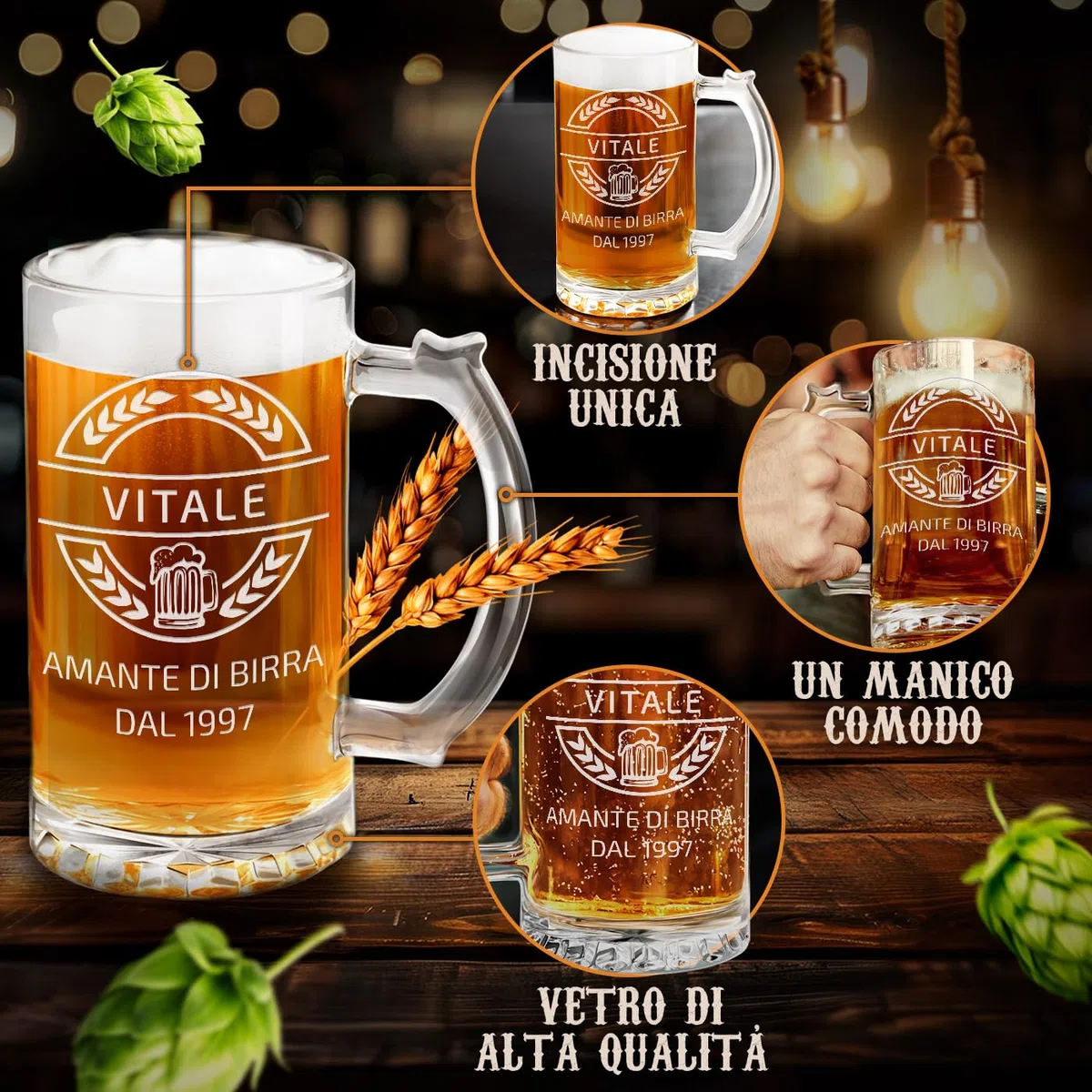 Maverton Boccale birra personalizzato con incisione - Regalo uomo compleanno - Bicchieri birra con manico 400 ml - Vetro di alta qualità altezza 15 cm - Idee regalo uomo per ogni occasione