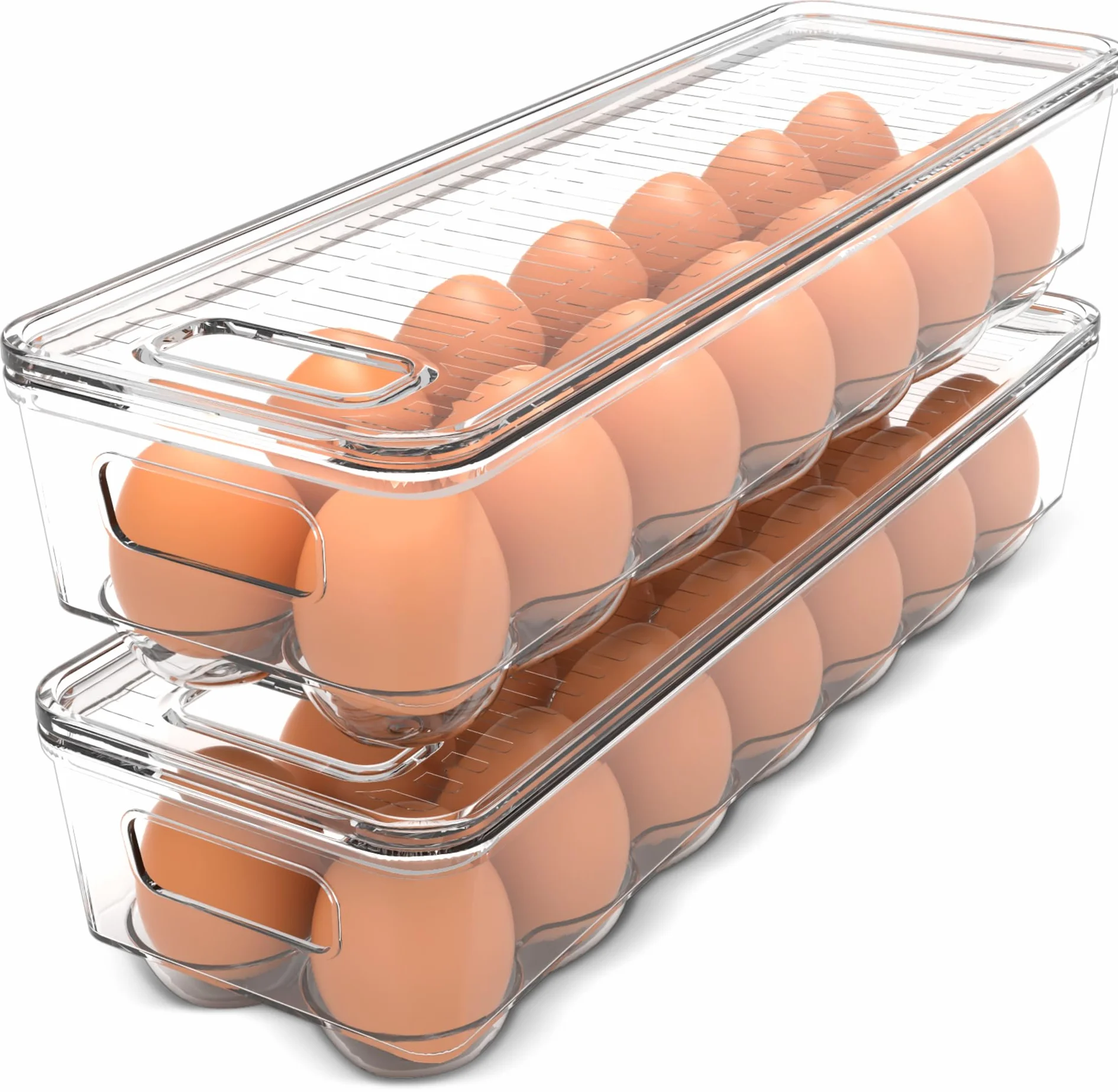 Kichly Contenitore per uova per frigorifero, contenitore per 14 uova con coperchio e manico, porta uova per frigorifero, contenitore per uova e vassoio per uova (trasparente, confezione da 2)